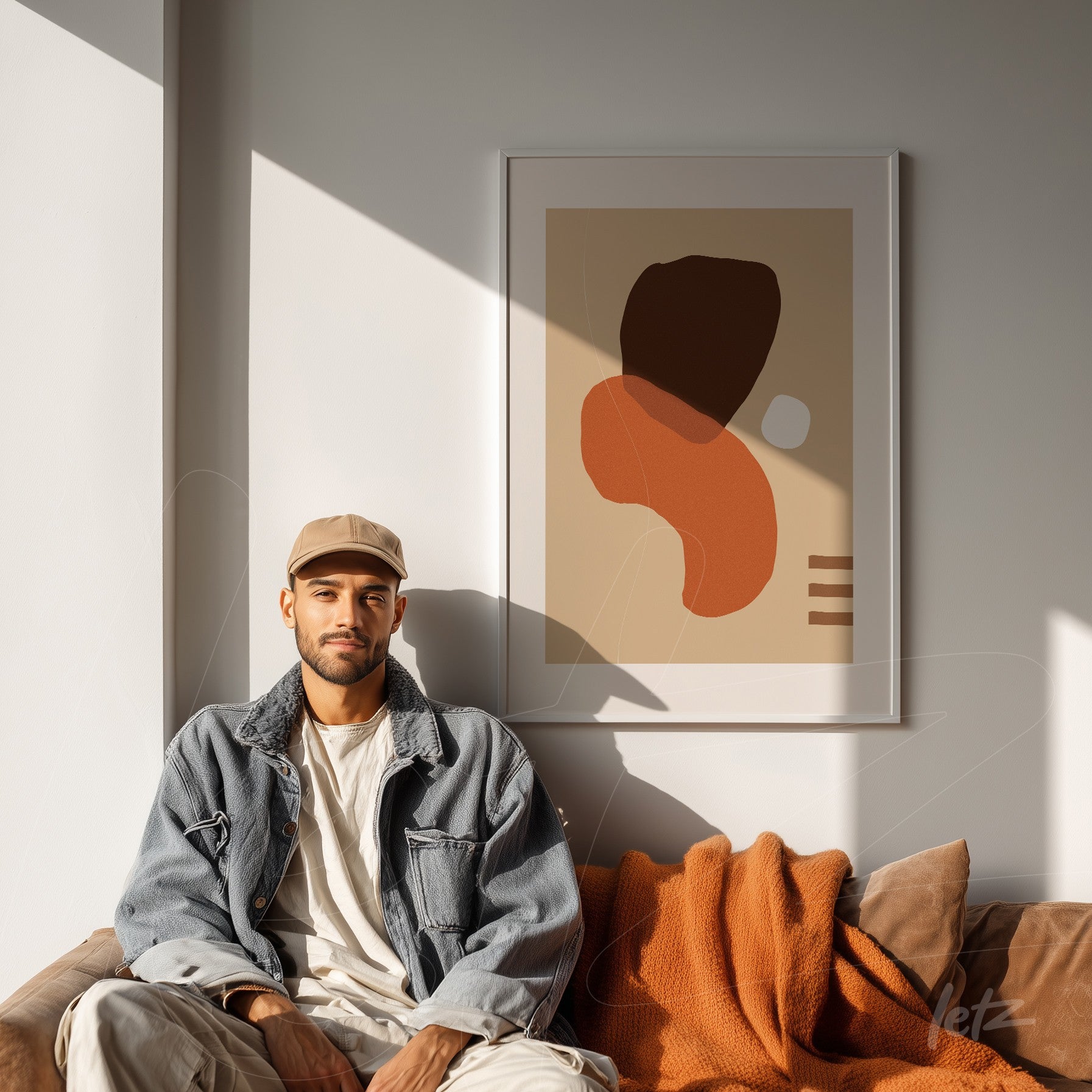 arte abstrata com formas orgânicas marrons e laranjas emoldurada, exibida acima de um sofá em uma sala iluminada pelo sol