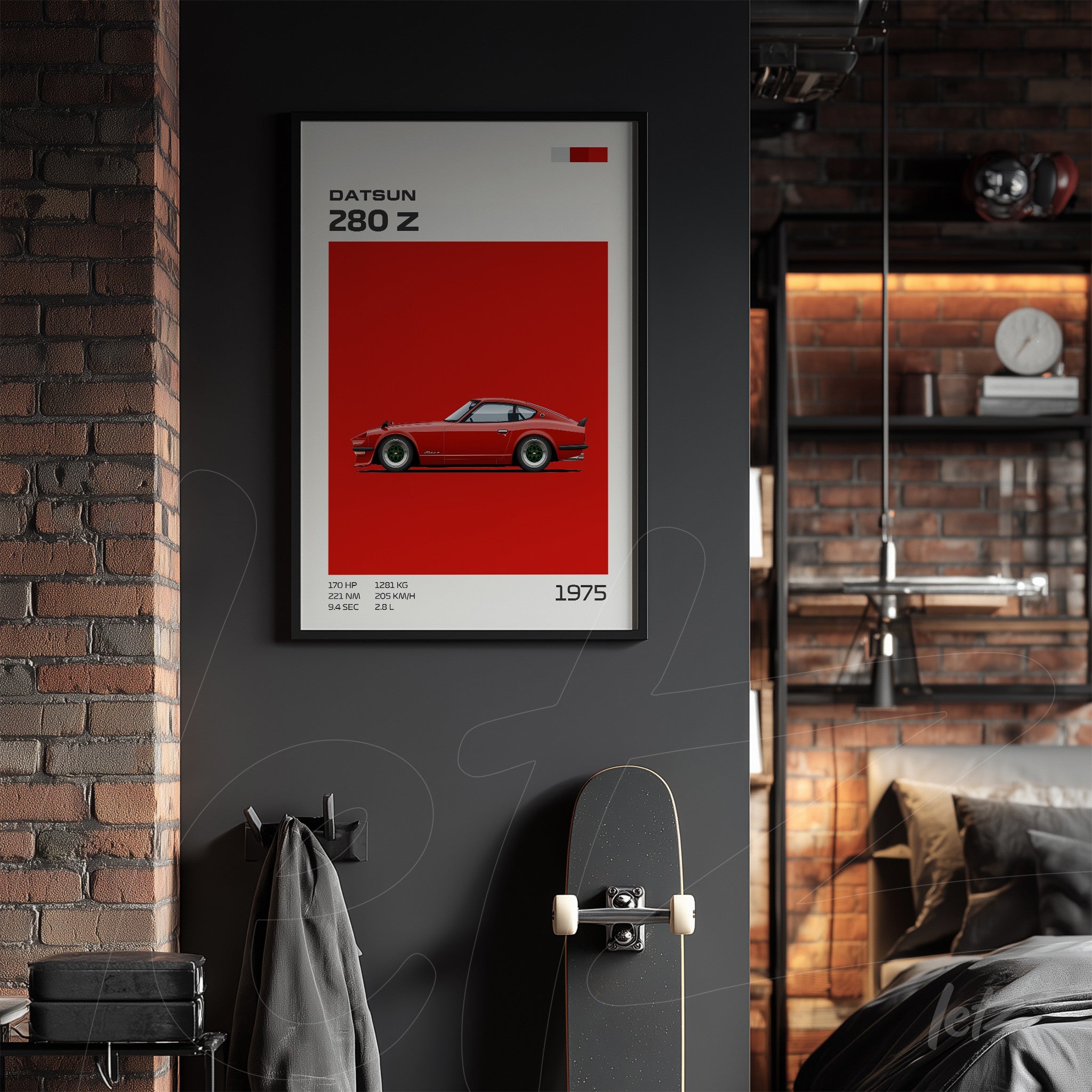 quadro emoldurado da arte gráfica do carro Datsun 280 Z em fundo vermelho vibrante