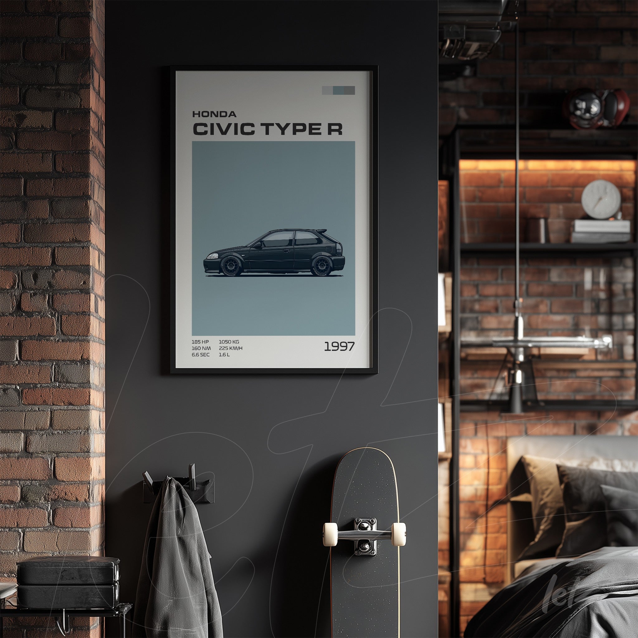 quadro com arte do Honda Civic Type R de 1997 em moldura preta sobre parede escura