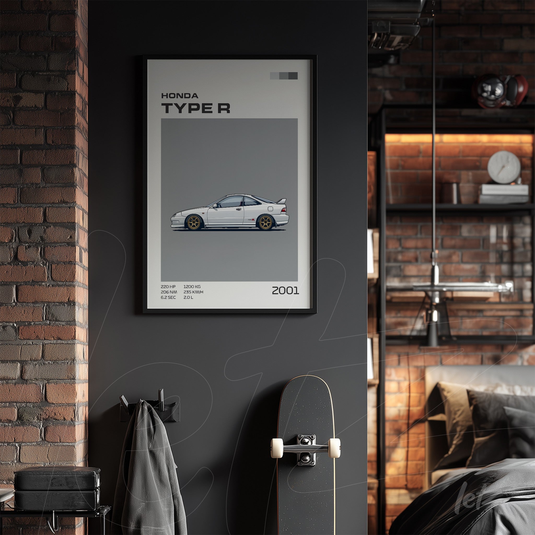 quadro emoldurado com arte do carro Honda Type R de 2001 em estilo minimalista, exibido em parede escura atrás de um skate e uma peça de roupa