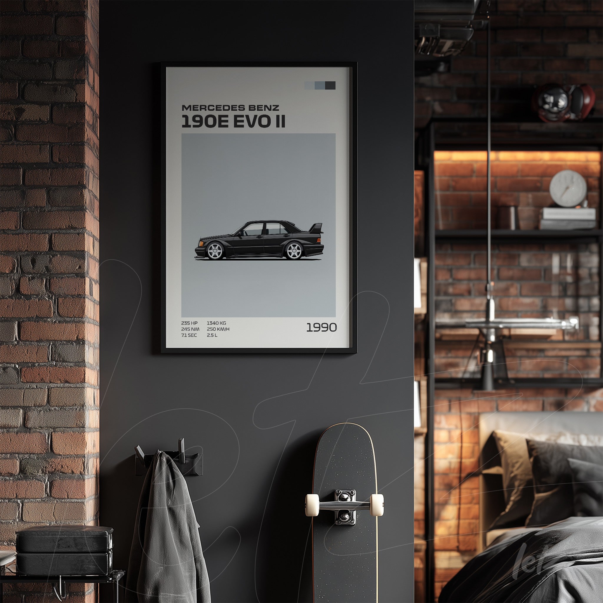 quadro emoldurado com ilustração estilizada do carro Mercedes-Benz 190E EVO II em fundo claro, exposto em parede escura de tijolos