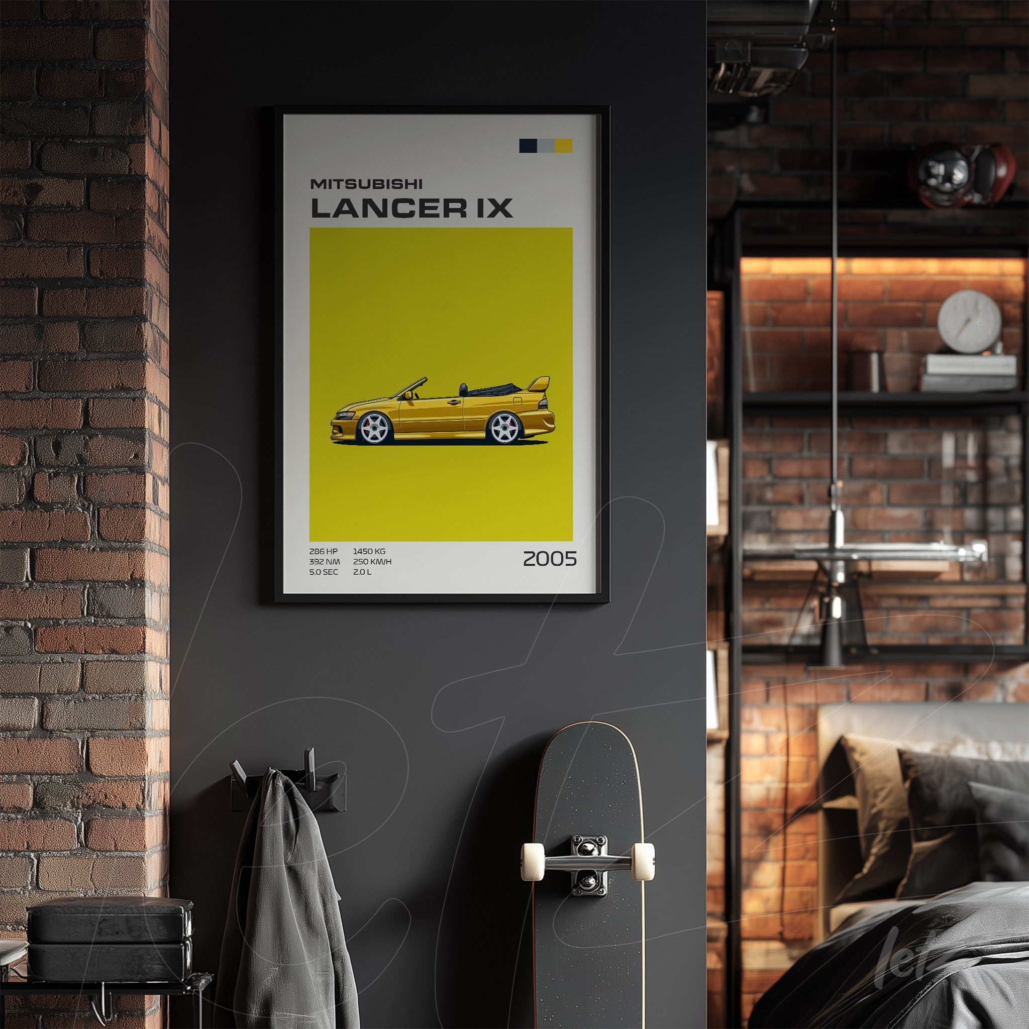quadro com arte digital do Mitsubishi Lancer IX amarelo em moldura preta sobre parede cinza