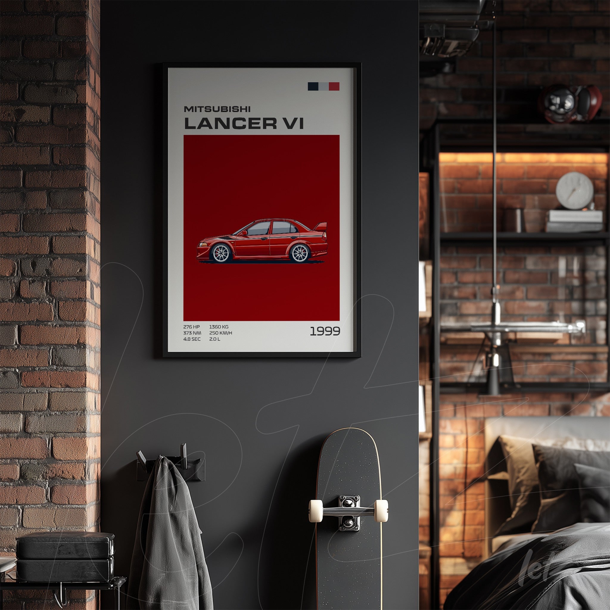 quadro com ilustração estilizada do Mitsubishi Lancer VI em moldura preta, com fundo vermelho intenso e detalhes em branco