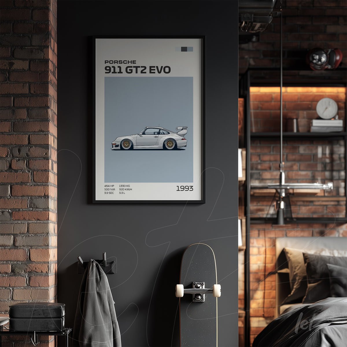 quadro com ilustração do carro esportivo Porsche 911 GT2 EVO em moldura preta sobre parede escura
