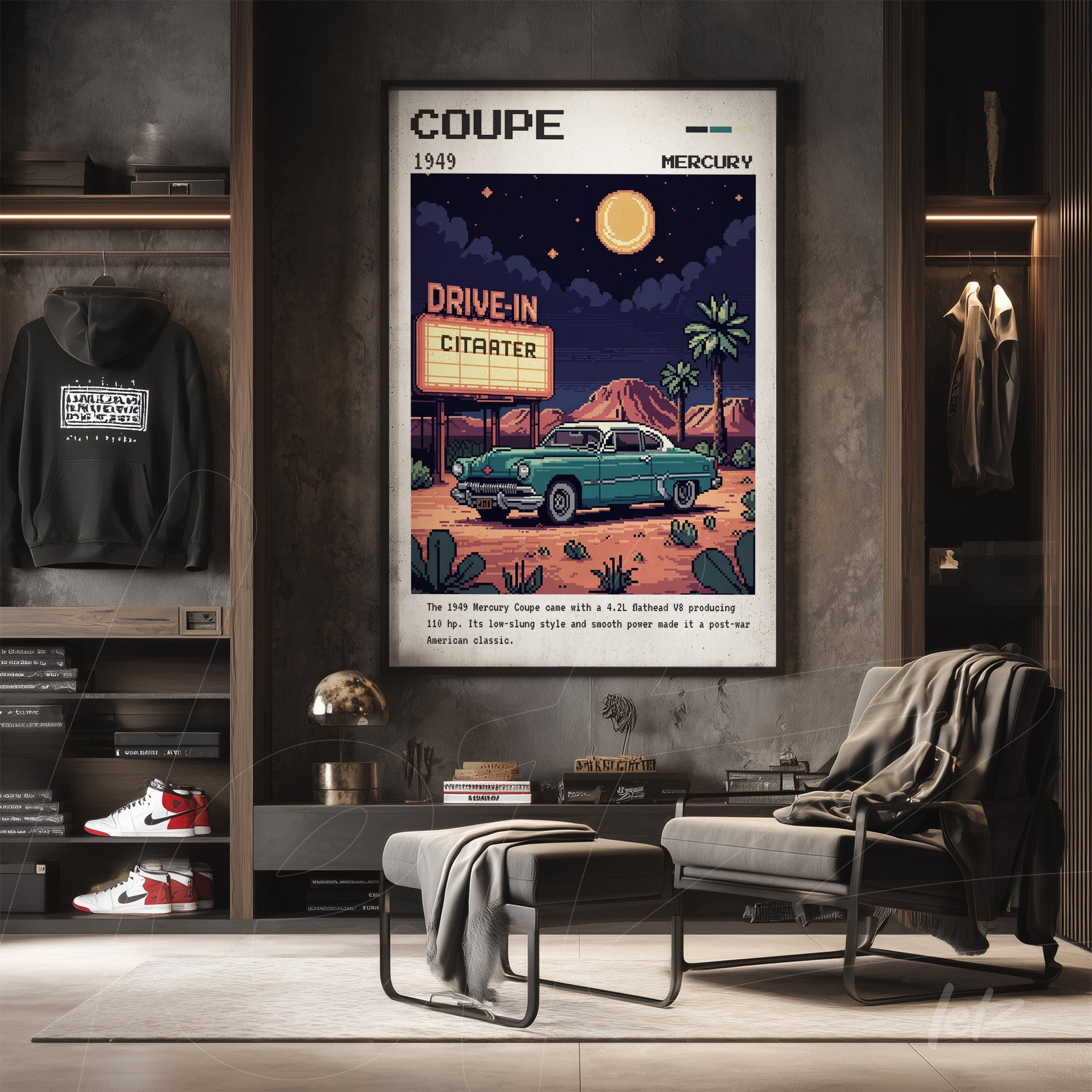 quadro com arte retro do carro Mercury Coupe de 1949 em uma cena de drive-in noturno com montanhas ao fundo