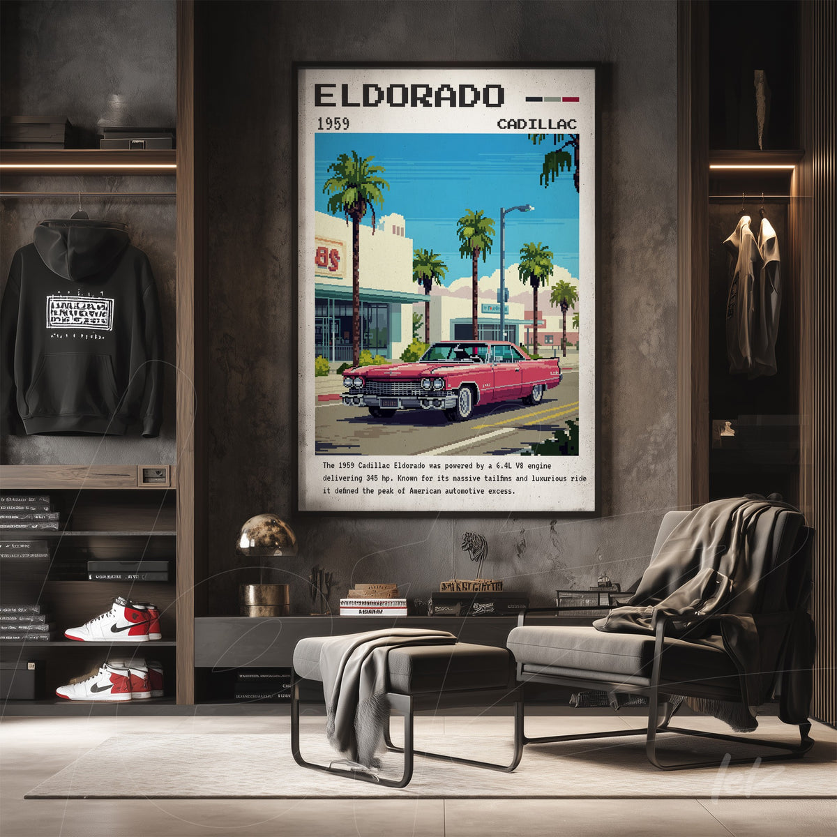 quadro emoldurado retratando um Cadillac Eldorado de 1959 em frente a um edifício estilizado, com palmeiras ao fundo e um design gráfico nostálgico