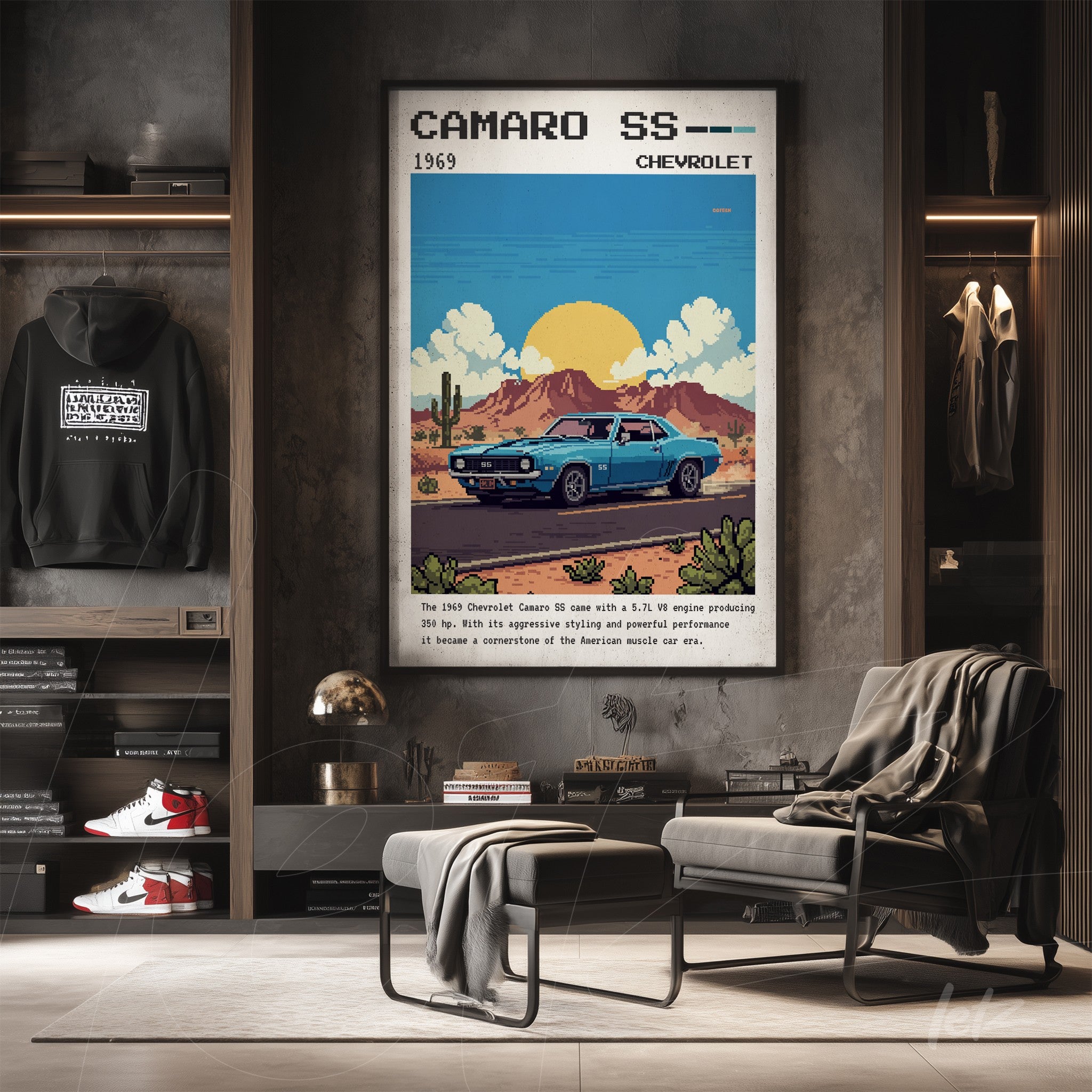 quadro emoldurado com arte digital do carro Camaro SS 1969 em um cenário desertico com montanhas e cactos
