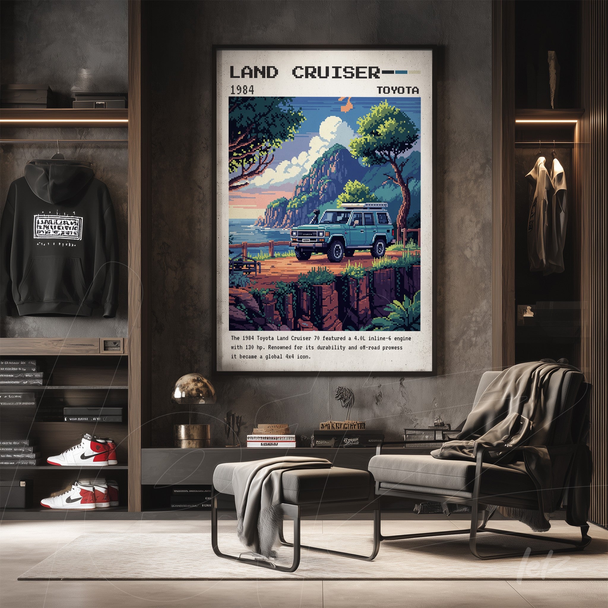 quadro com arte retrô do Toyota Land Cruiser 1984 em moldura escura, com fundo de paisagem montanhosa e vegetação