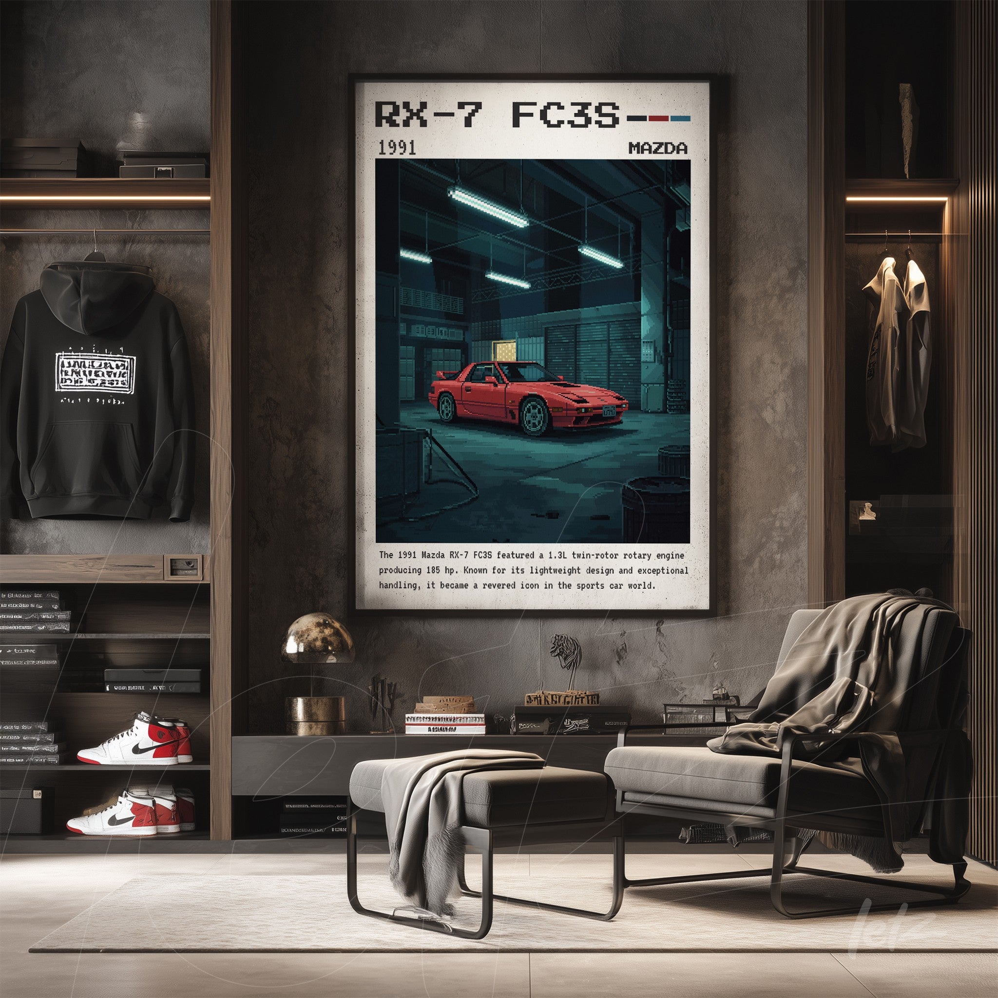 quadro com arte retro do carro Mazda RX-7 FC3S em moldura preta, situado em ambiente interno com iluminação sutil