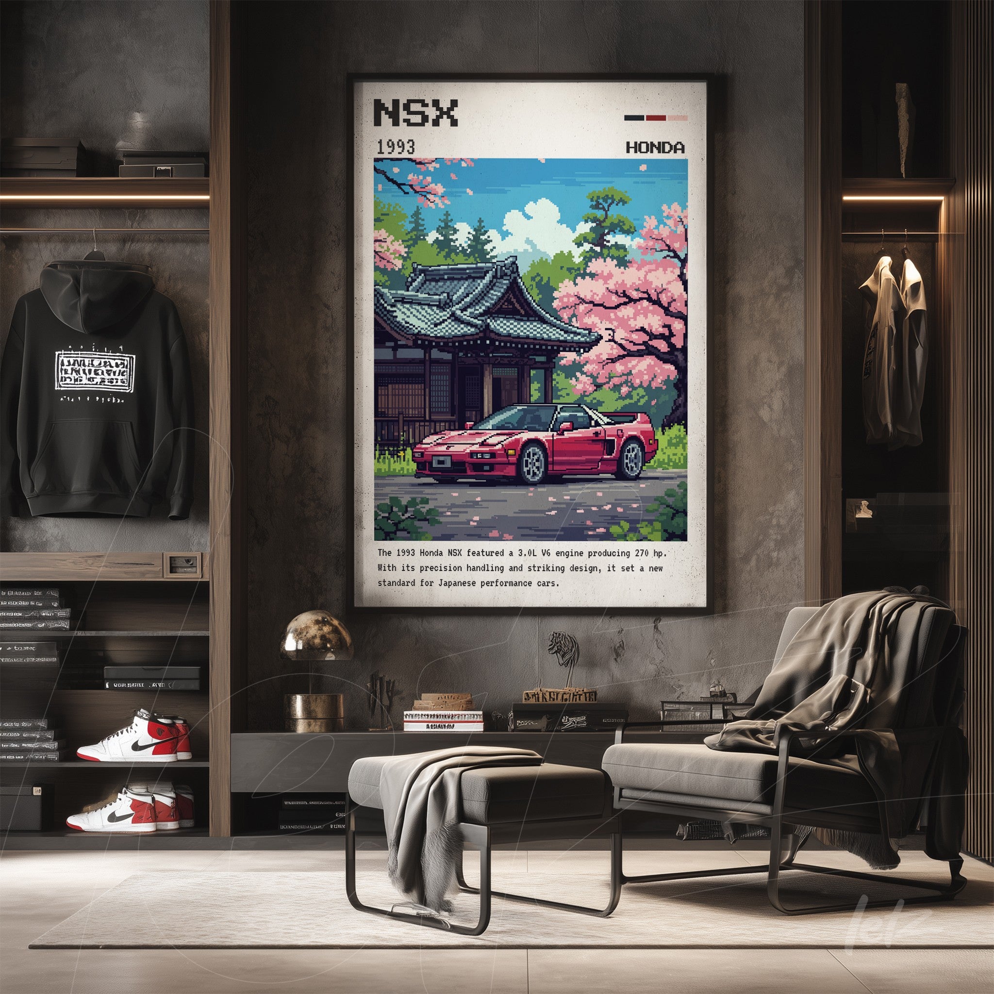 quadro em estilo retrô de um carro Honda NSX vermelho estacionado em frente a um templo japonês, com flores de cerejeira e fundo composto por árvores