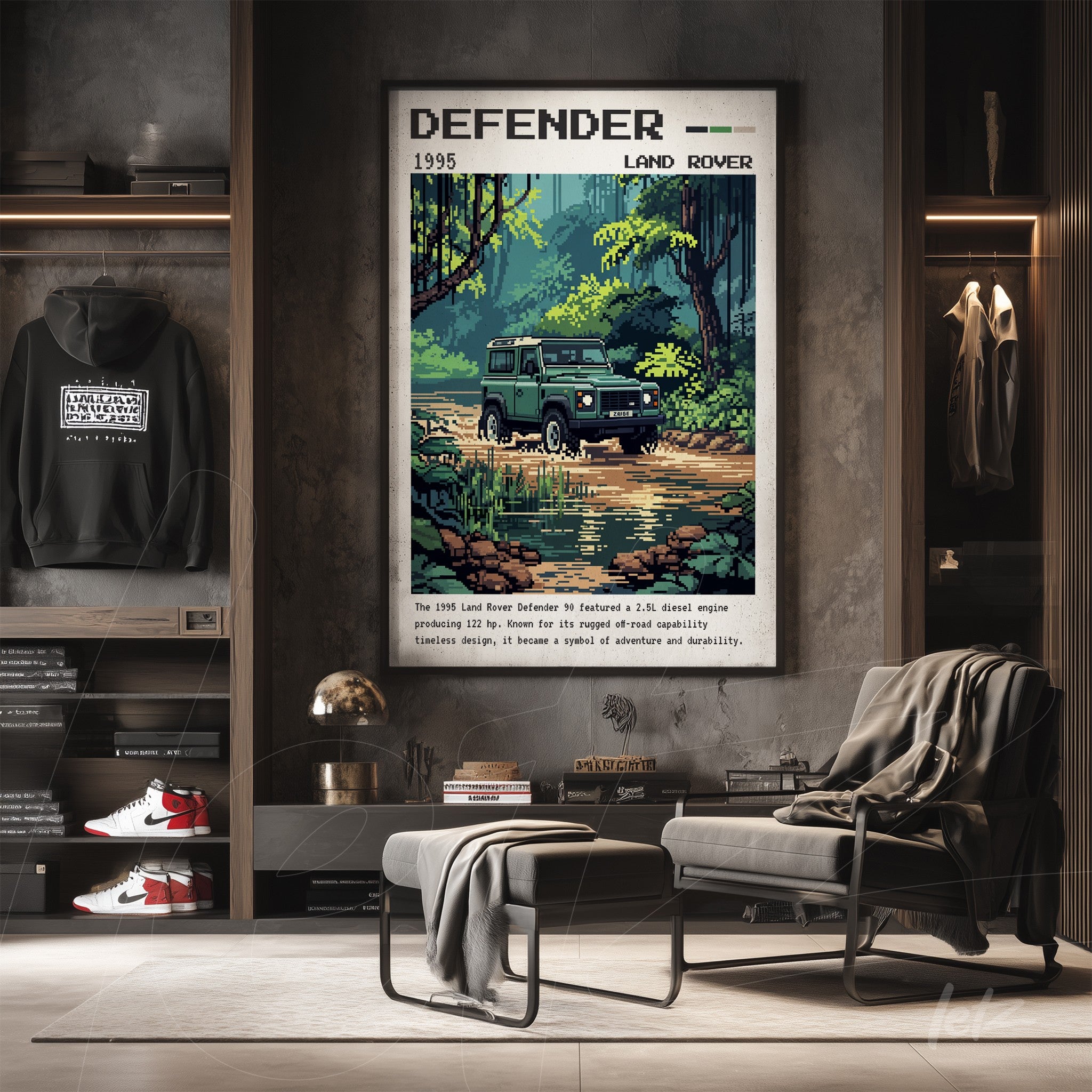quadro com arte em estilo retrô de veículo Land Rover Defender em uma paisagem natural com vegetação