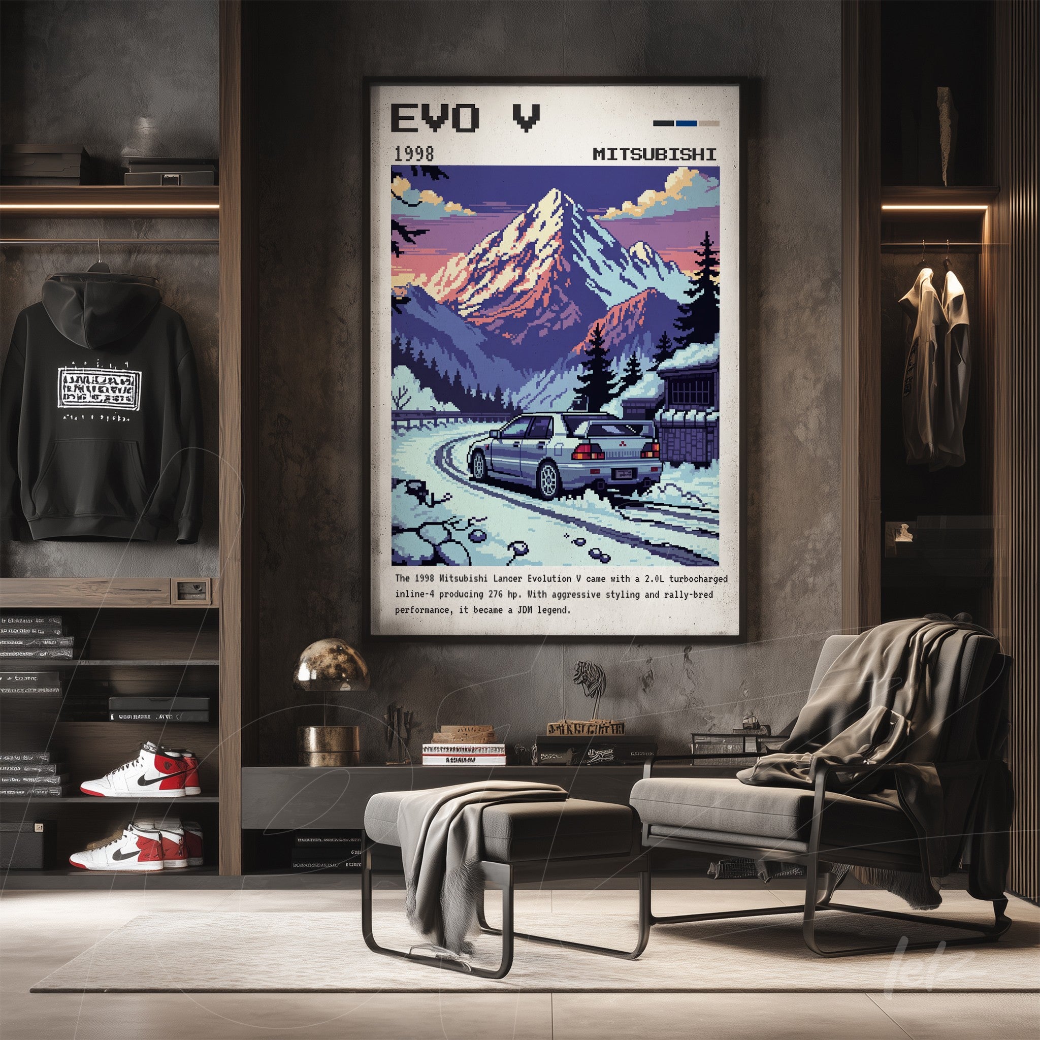 quadro emoldurado com arte retro do Mitsubishi Lancer Evolution V, com montanhas ao fundo e neve na estrada