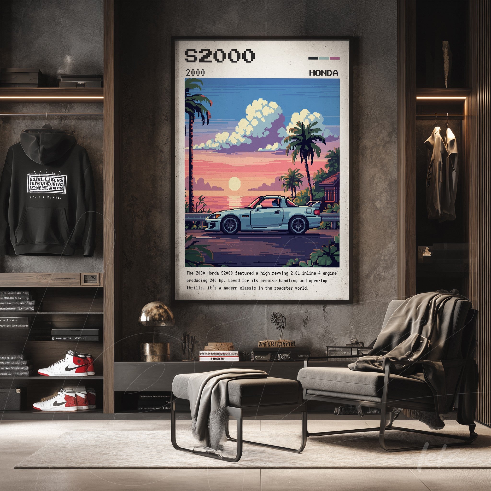 quadro em estilo pixel art de um carro Honda sob um pôr do sol, exibido em uma parede cinza com prateleira de madeira