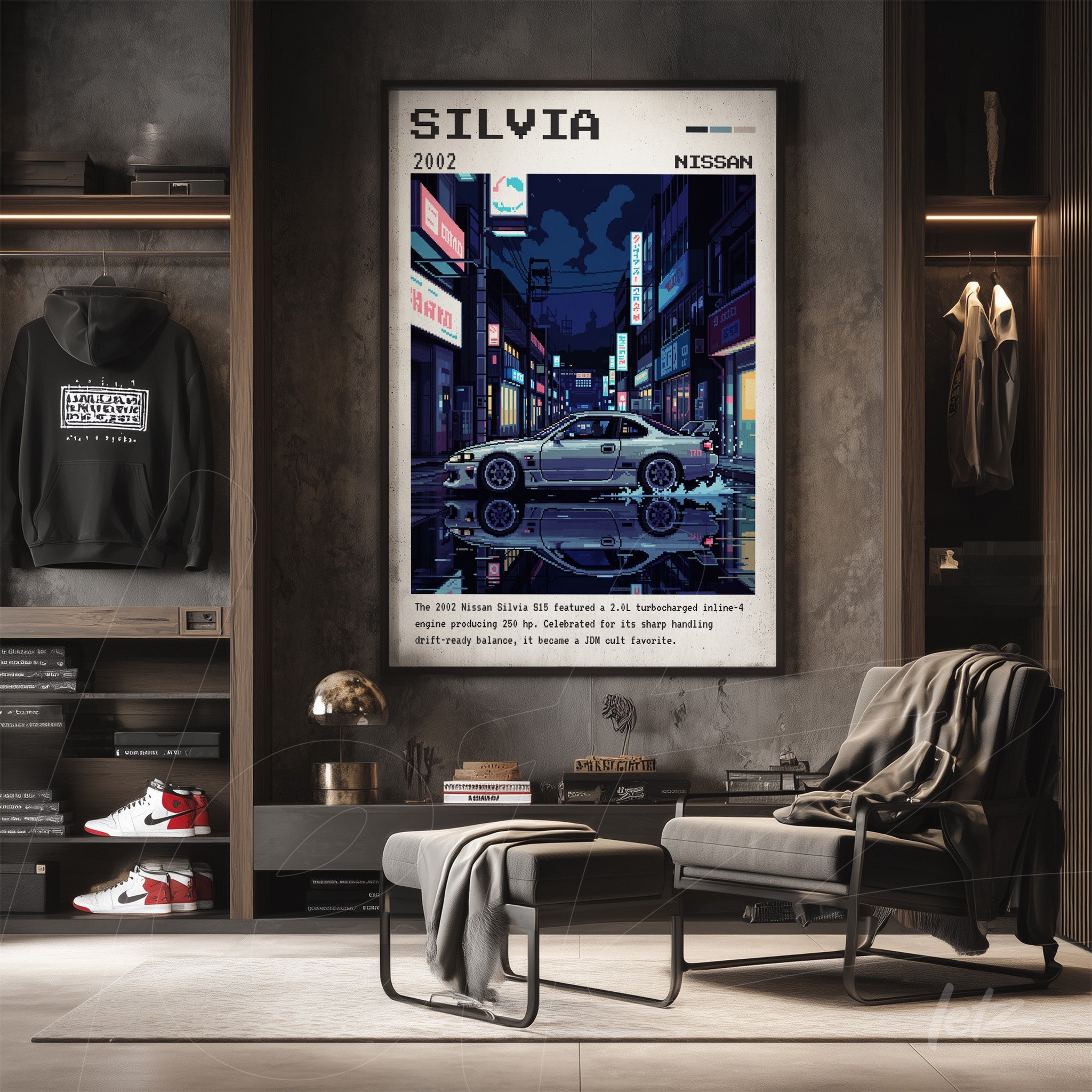 quadro decorativo com arte digital do carro Nissan Silvia em estilo retrô, exibido em uma parede de loja iluminada à noite com uma moldura clara