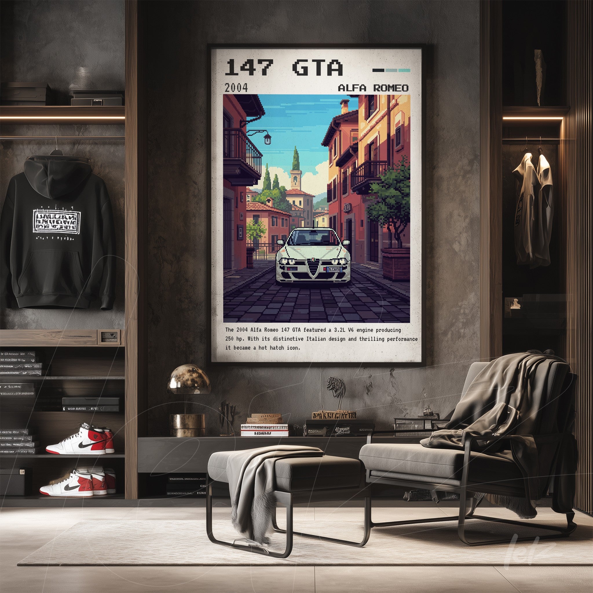 quadro decorativo com arte digital do carro Alfa Romeo 147 GTA em estilo retrô, emoldurado e exposto em uma parede de pedra com decoração elegante