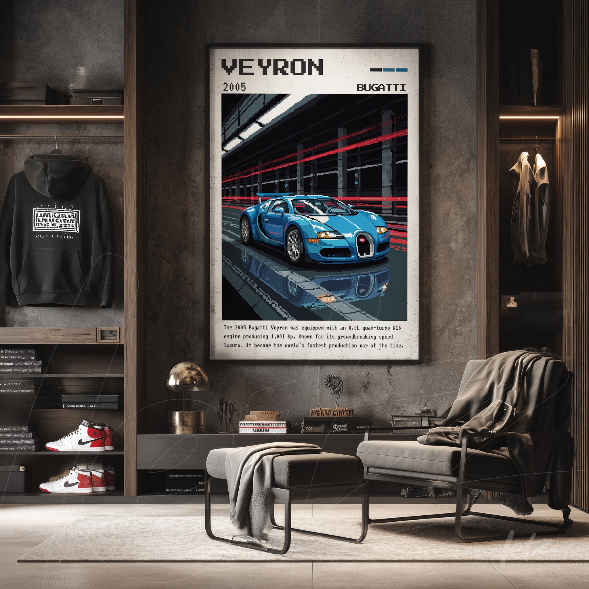 quadro de arte digital do carro Bugatti Veyron em moldura com acabamento moderno sobre parede escura