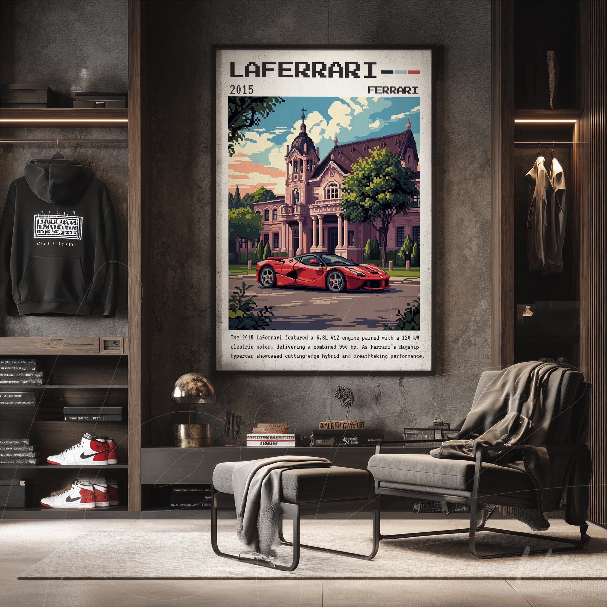 quadro com arte digital do carro LaFerrari em frente a uma mansão, moldura escura