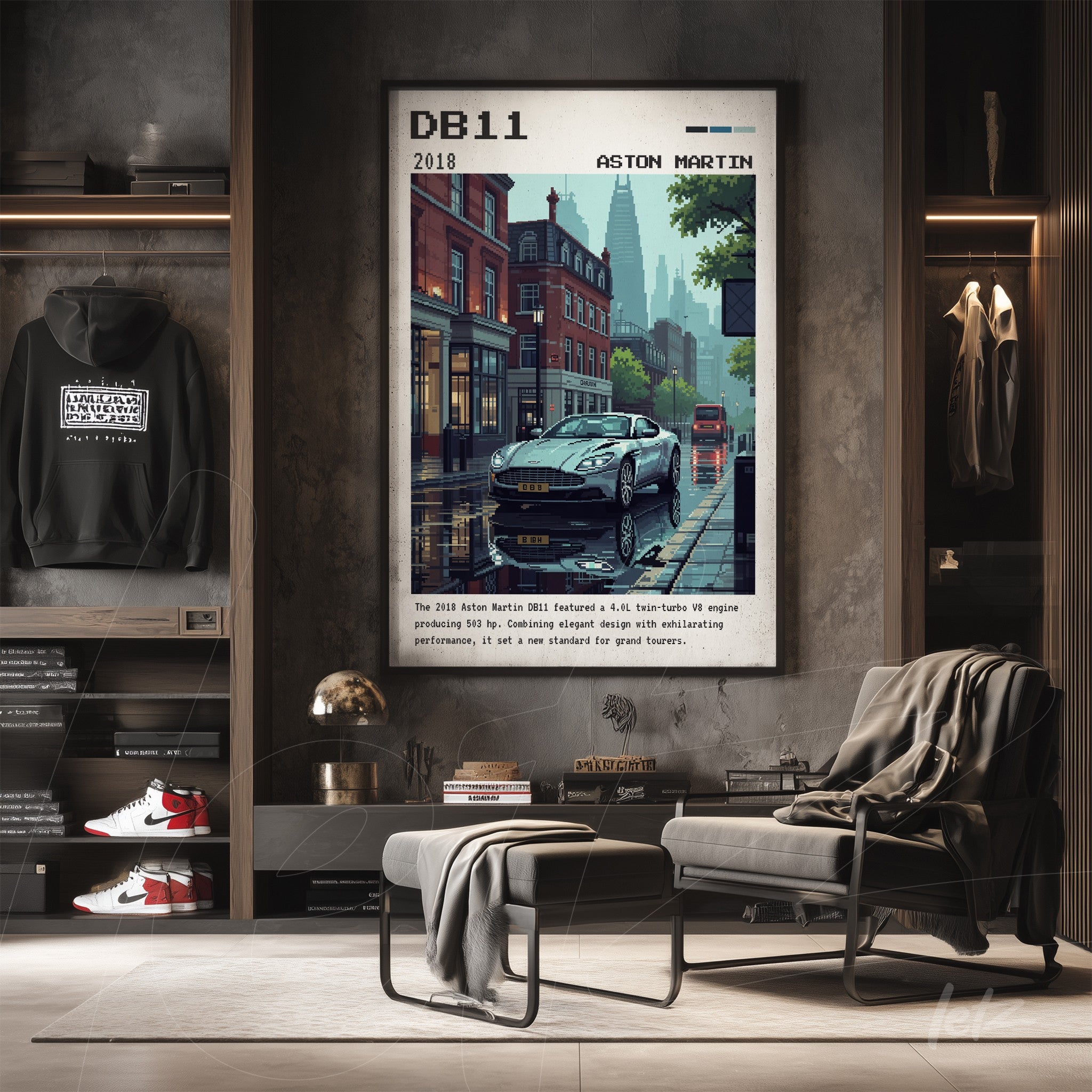 quadro emoldurado com ilustração do carro Aston Martin DB11 em cenário urbano com edifícios ao fundo
