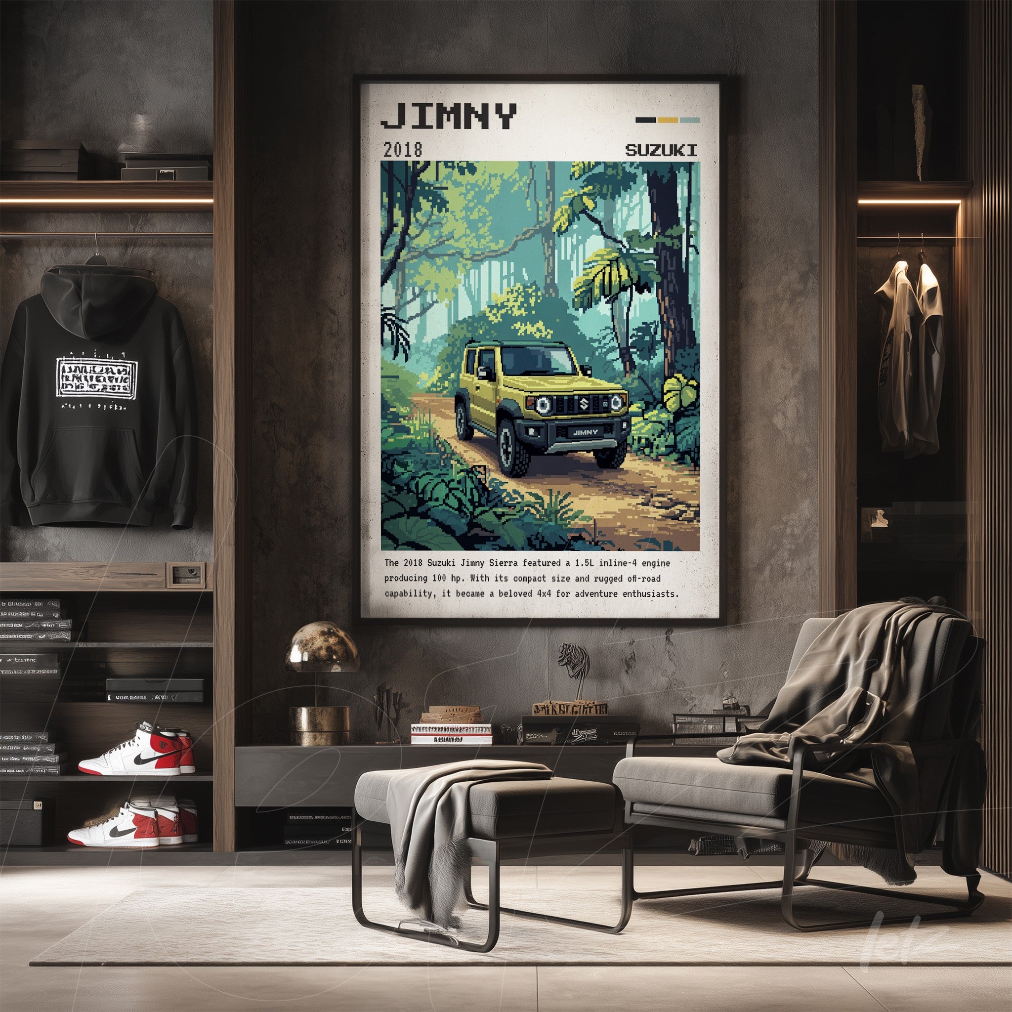 quadro com arte retrô do veículo Suzuki Jimny em uma floresta, moldura escura