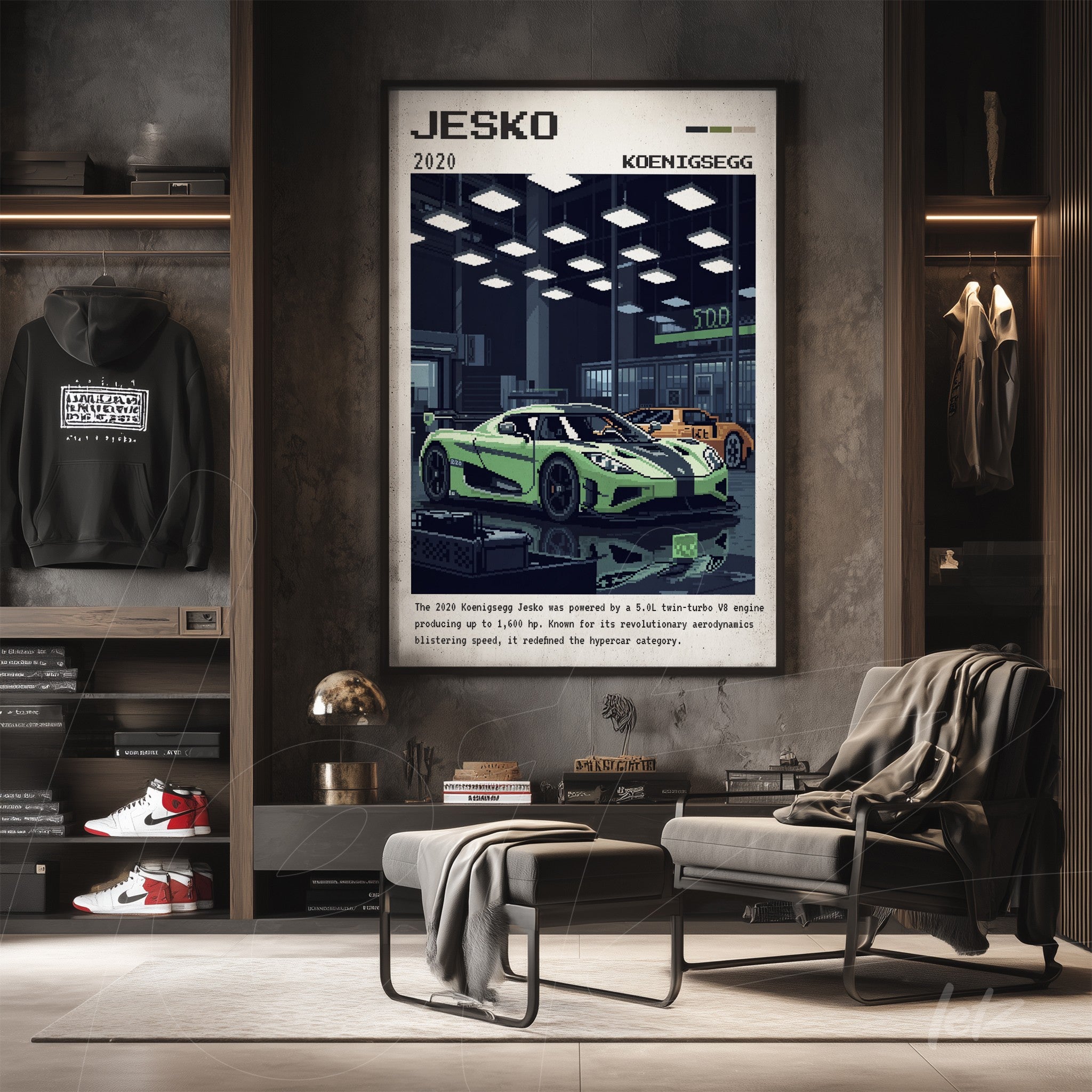 quadro com arte digital retrô de carros esportivos em exibição sob luzes modernas, moldura escura