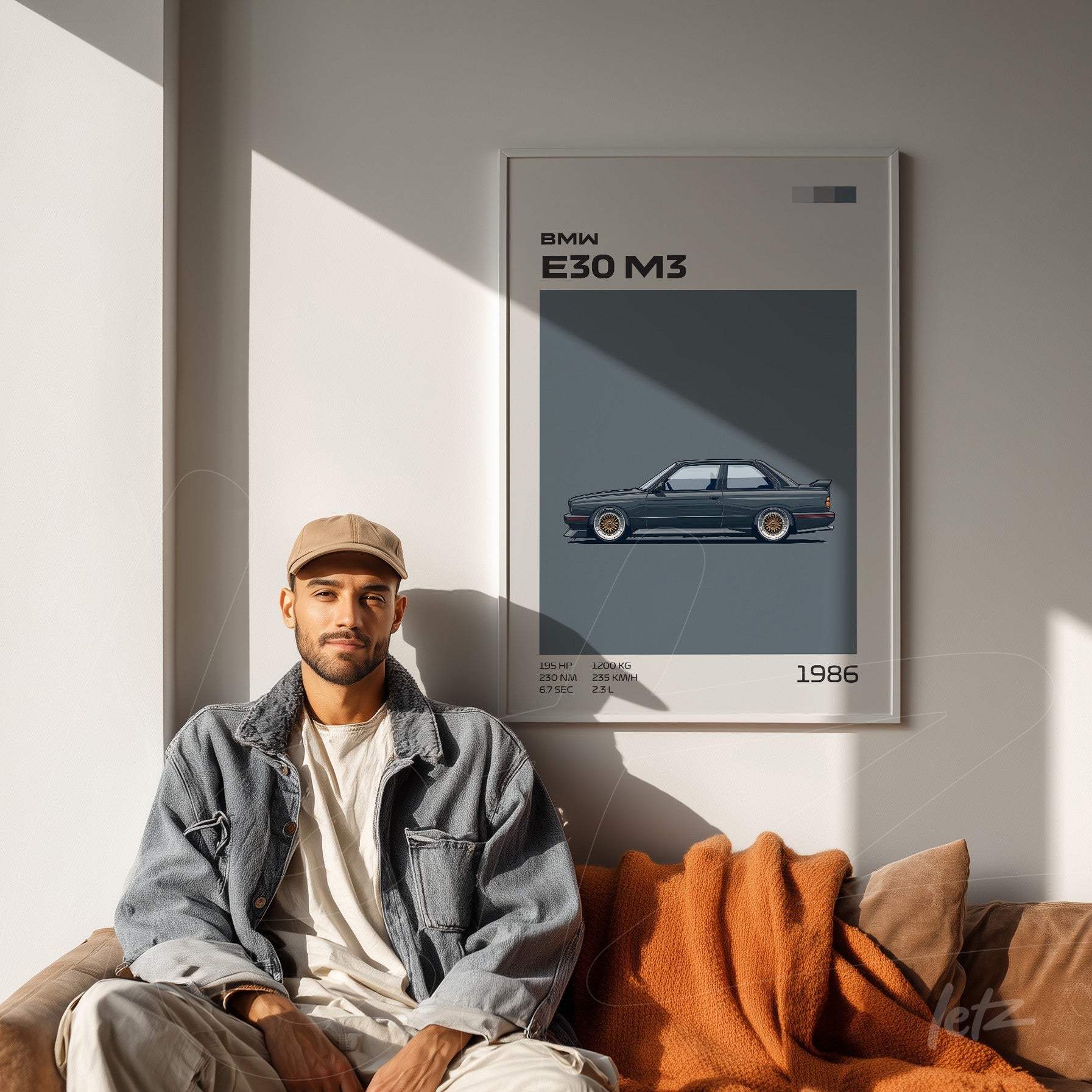 quadro com arte digital de um BMW E30 M3 em moldura branca, com fundo cinza