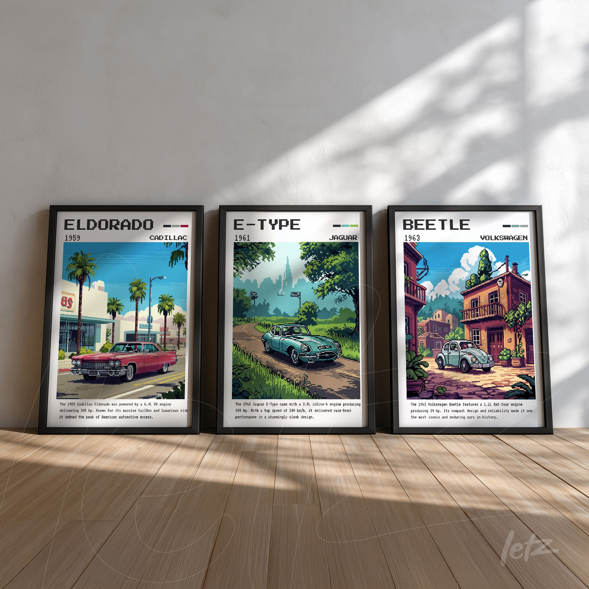 série de quadros com ilustrações vintage de carros clássicos, incluindo Cadillac Eldorado de 1955, Jaguar E-Type de 1961 e Volkswagen Beetle de 1953, todos em moldura preta com fundo claro