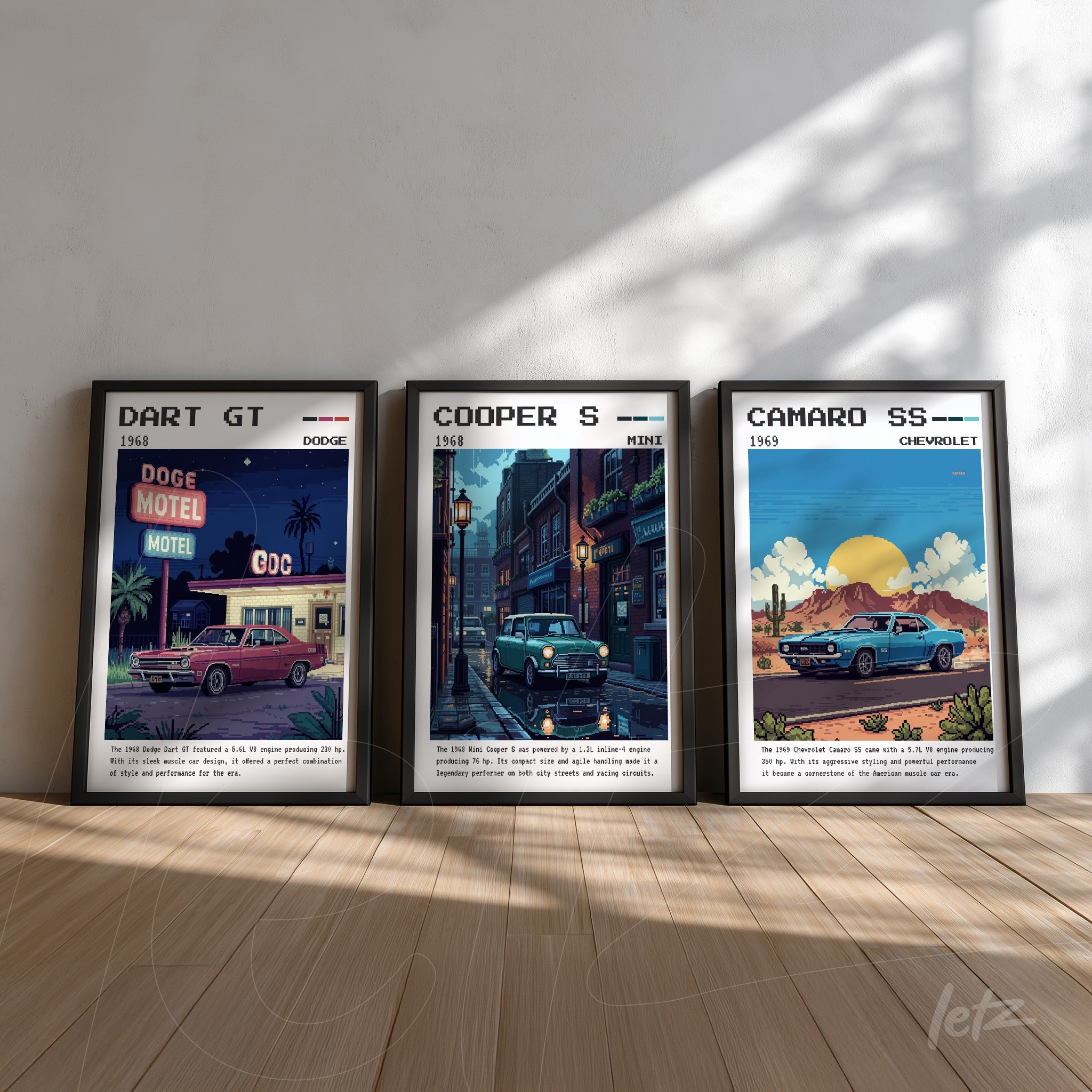 série de quadros decorativos com carros clássicos, incluindo Dodge Dart GT de 1968, Mini Cooper S de 1968 e Chevrolet Camaro SS de 1969, dispostos sobre fundo de madeira clara