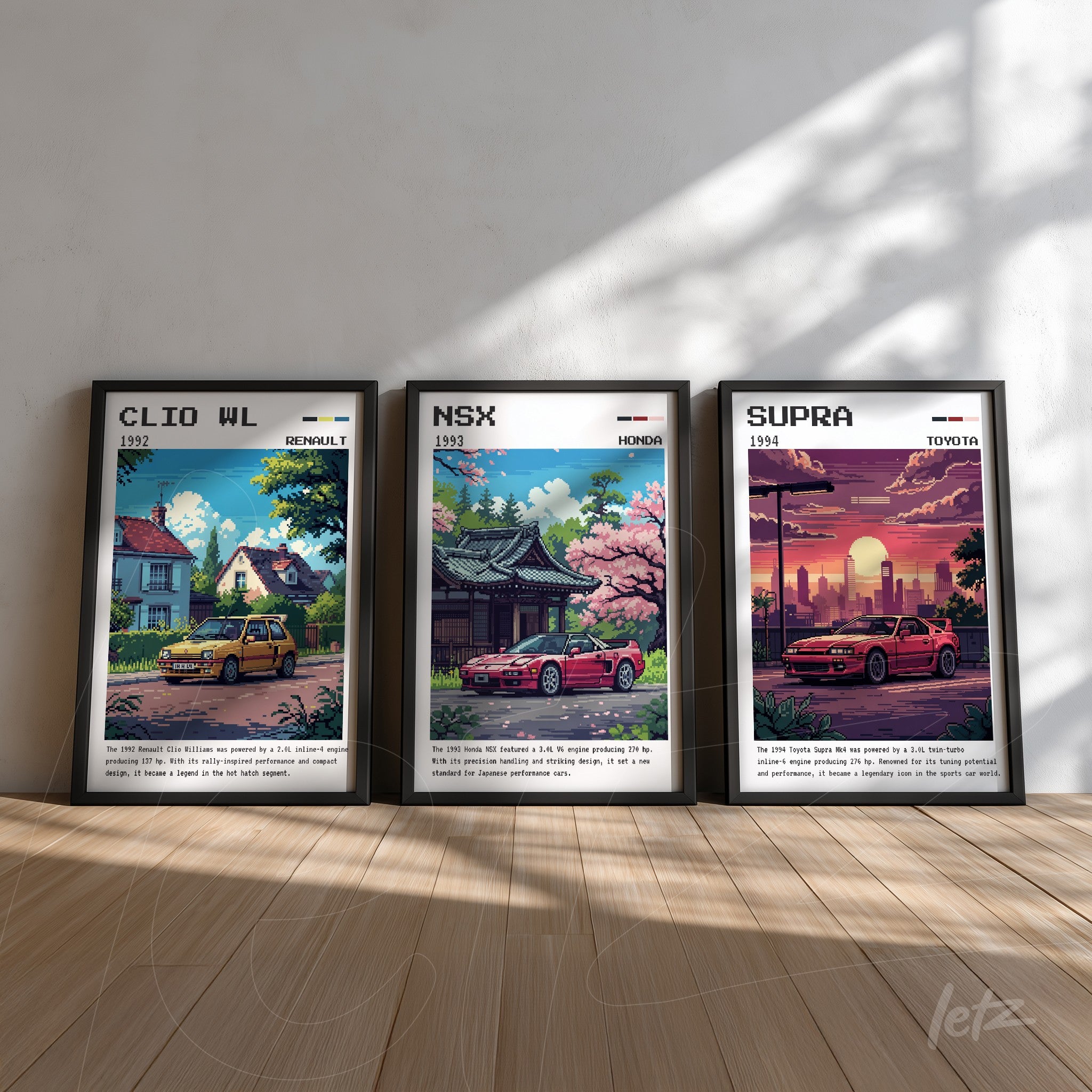 série de quadros com ilustrações retrô de carros clássicos, incluindo Renault Clio 1992, Honda NSX 1993 e Toyota Supra 1994, todos em moldura preta sobre fundo de madeira clara