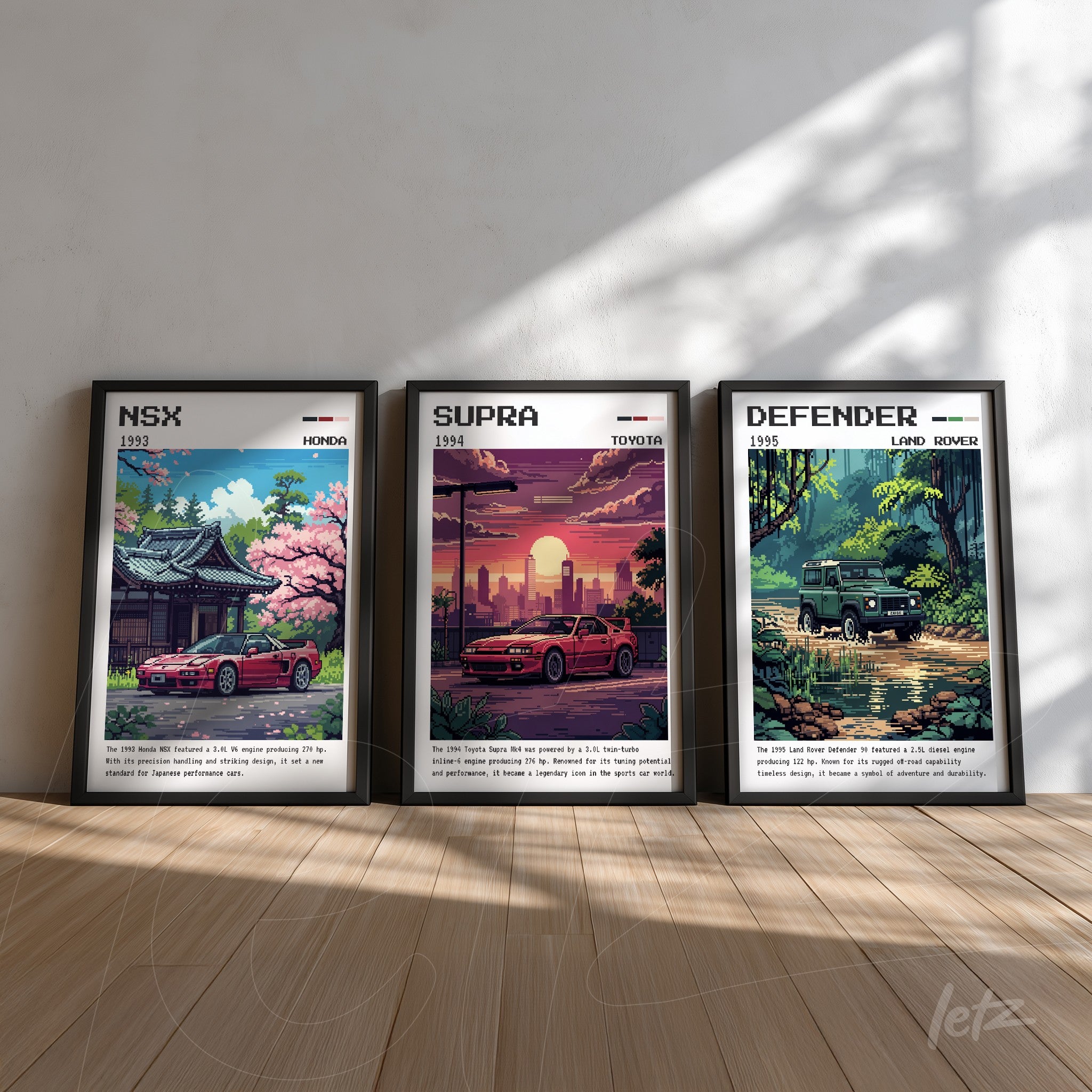 composição de três quadros decorativos com carros: NSX da Honda em cenário japonês, Toyota Supra em paisagem urbana e Land Rover Defender em ambiente natural, todos com moldura preta