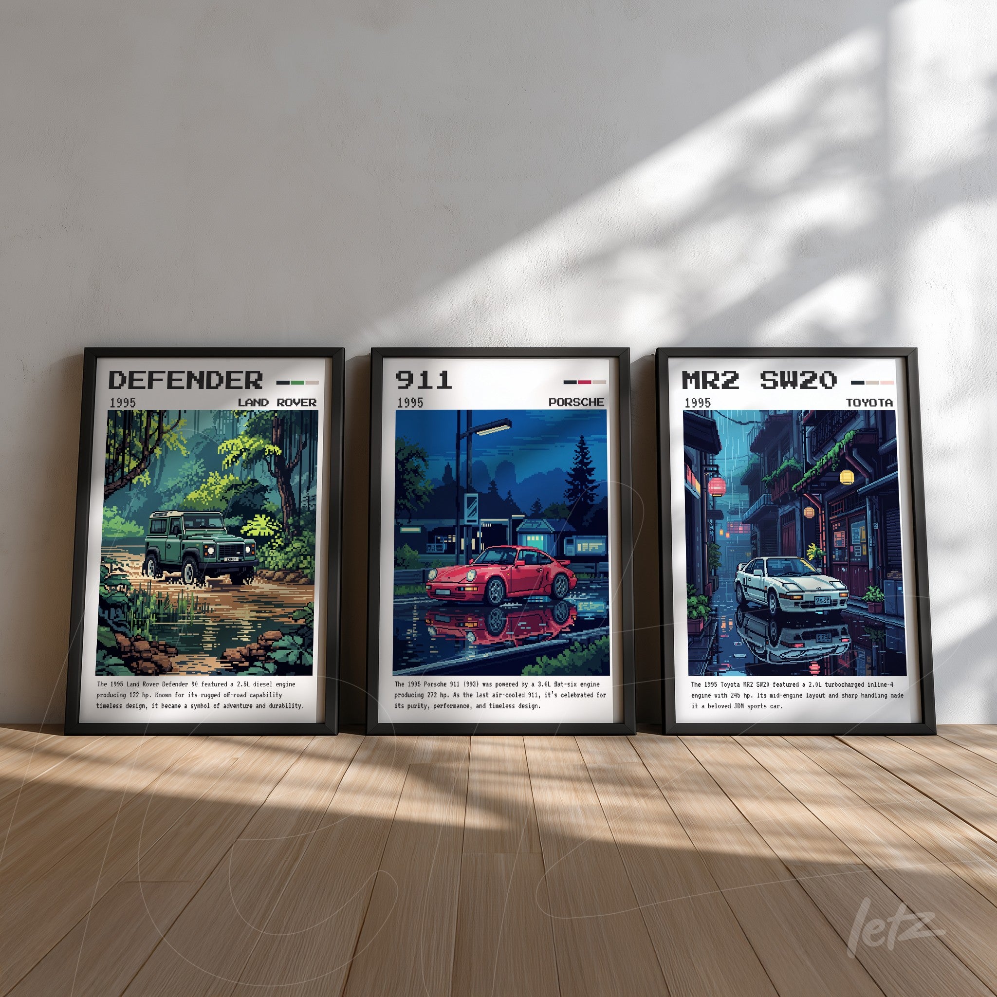 série de quadros com ilustrações de carros clássicos, incluindo um Land Rover Defender em uma paisagem verde, um Porsche 911 em uma rua iluminada e um Toyota MR2 SW20 em um ambiente urbano com estilo Retro