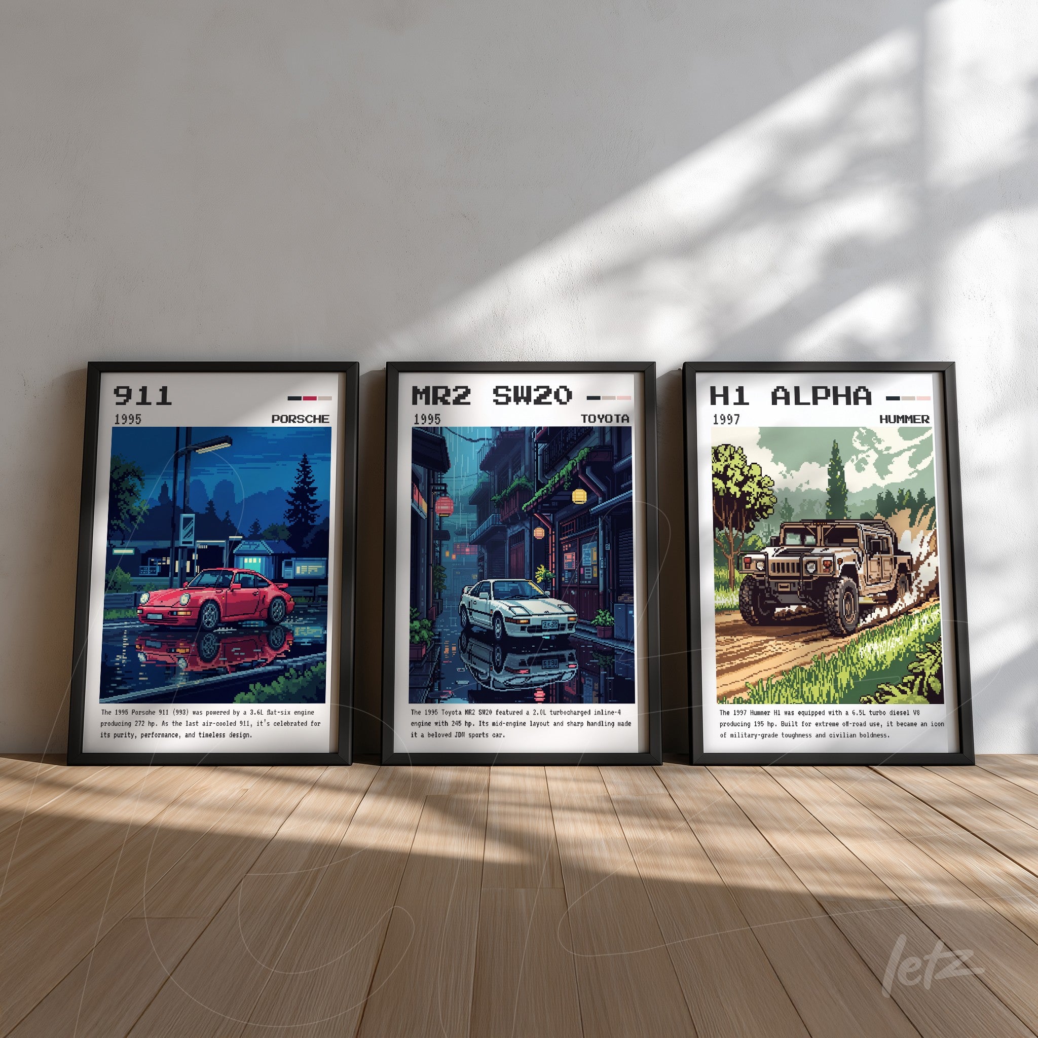 série de quadros com ilustrações de carros clássicos, incluindo um Porsche 911 de 1955, um Toyota MR2 SW20 e um Hummer H1 de 1997 em molduras pretas sobre parede branca