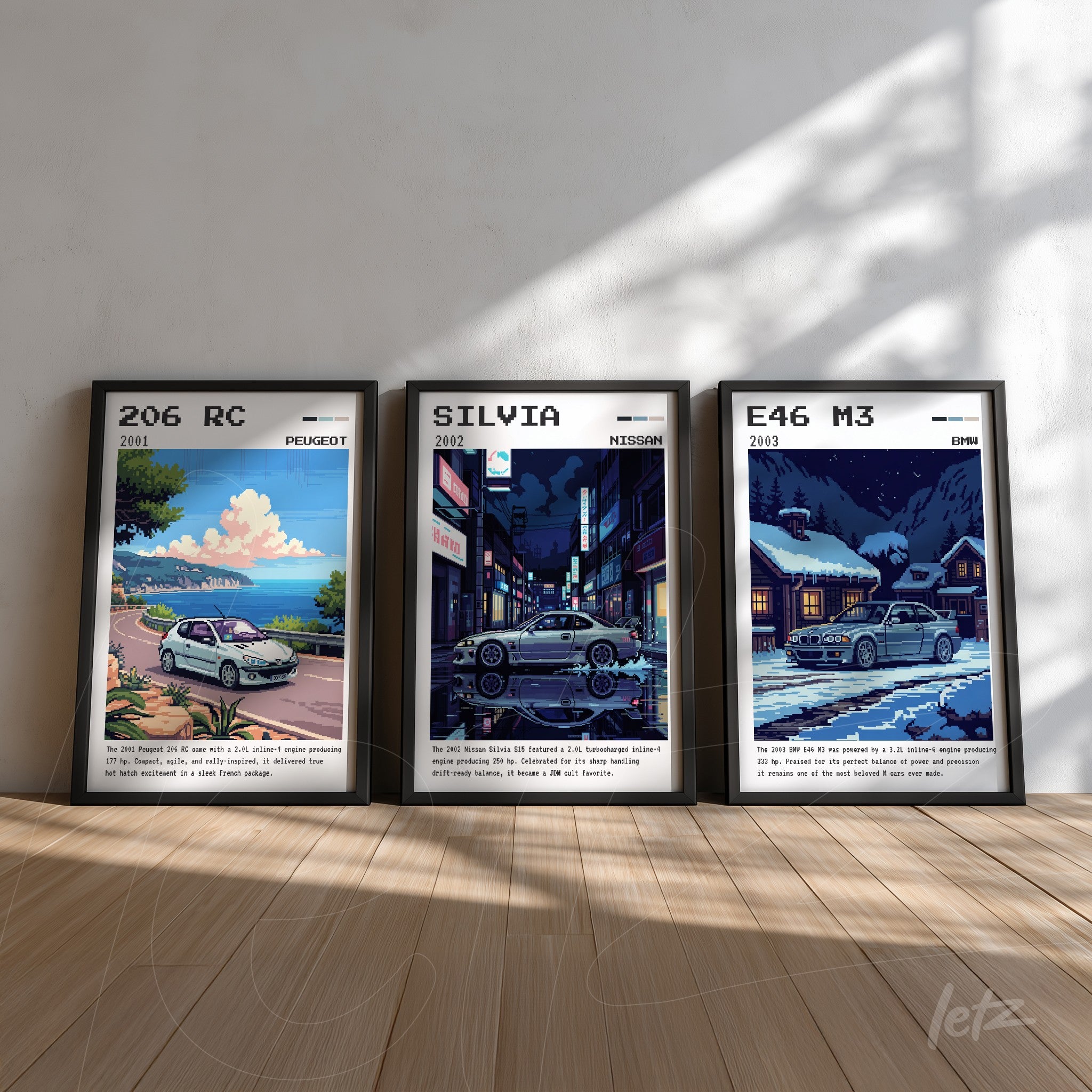 composição de quadros exibindo carros estilizados, incluindo 206 RC da Peugeot em cenário à beira-mar, Silvia da Nissan em ambiente urbano à noite e E46 M3 da BMW em rua nevada, todos com moldura preta e textos informativos