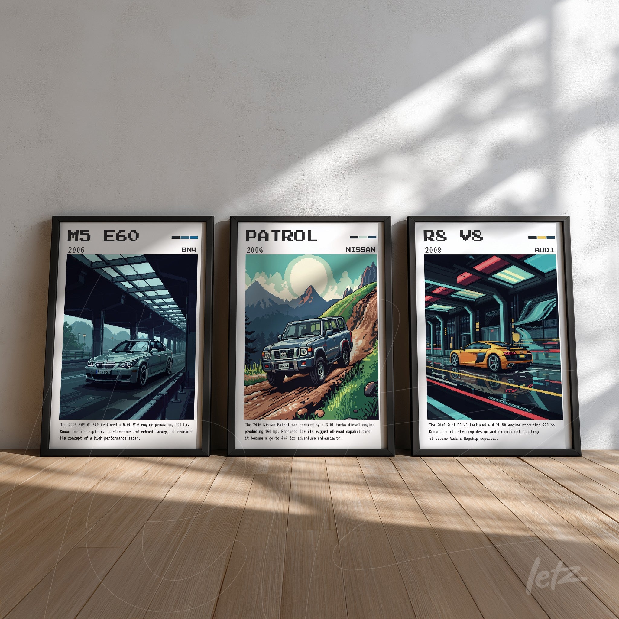 coleção de quadros com ilustrações de carros clássicos em molduras pretas sobre parede clara