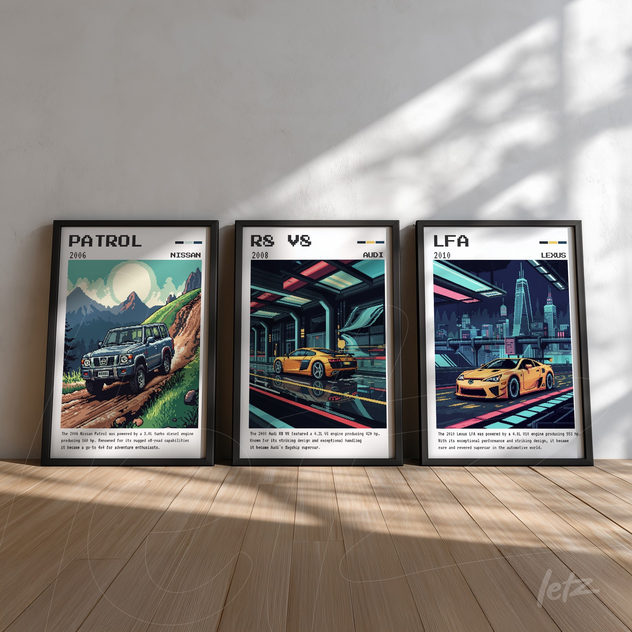 composição com três quadros de arte automotiva retrô, incluindo Nissan Patrol 2016, Audi R8 V10 2018 e Lexus LFA 2010, todos em moldura preta sobre fundo claro