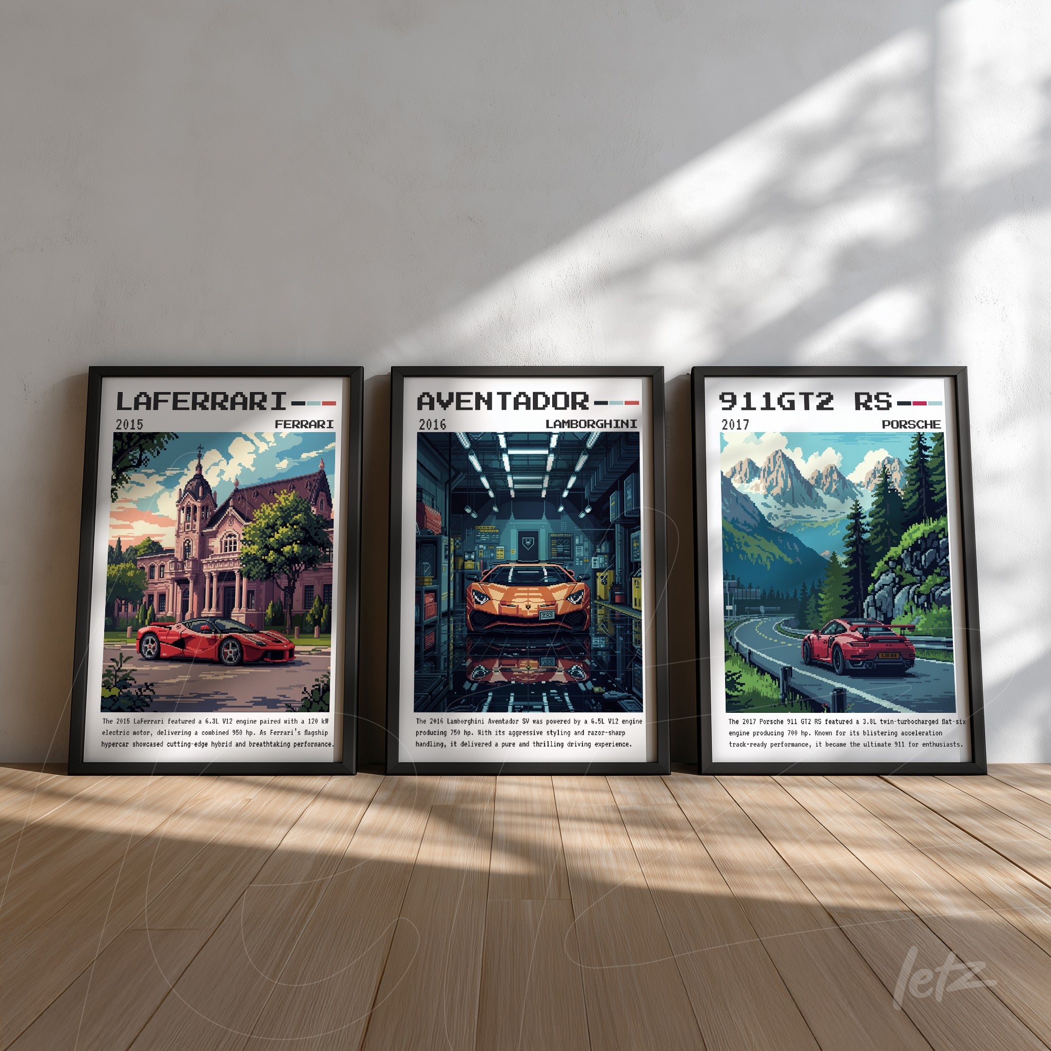 composição com três quadros de carros esportivos em moldura preta, destacando um Ferrari LaFerrari, um Lamborghini Aventador e um Porsche 911 GT2 RS, com fundos artísticos e texturas detalhadas