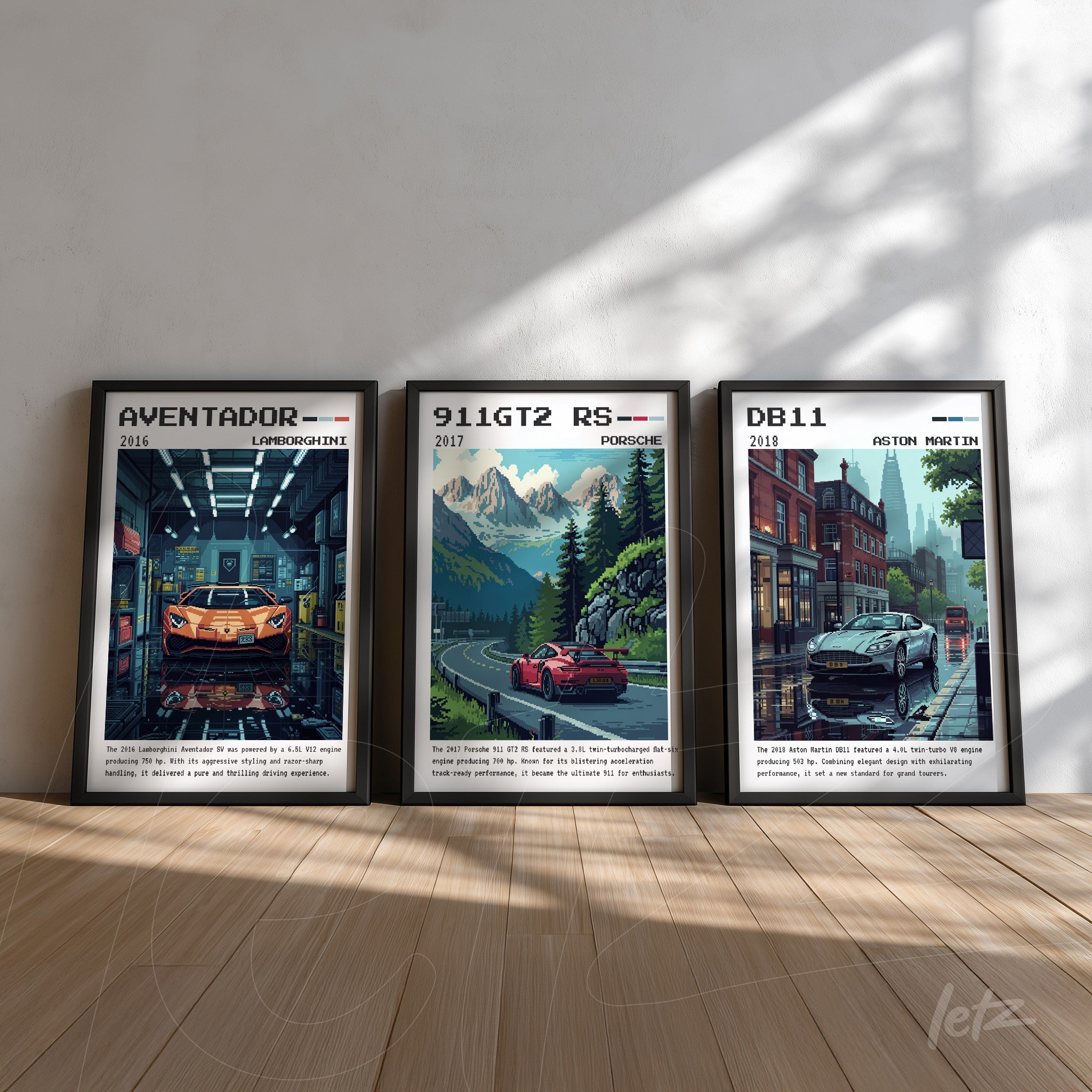 série de quadros com ilustrações de carros esportivos, incluindo Lamborghini Aventador, Porsche 911 GT2 RS e Aston Martin DB11, todos em molduras pretas sobre parede clara