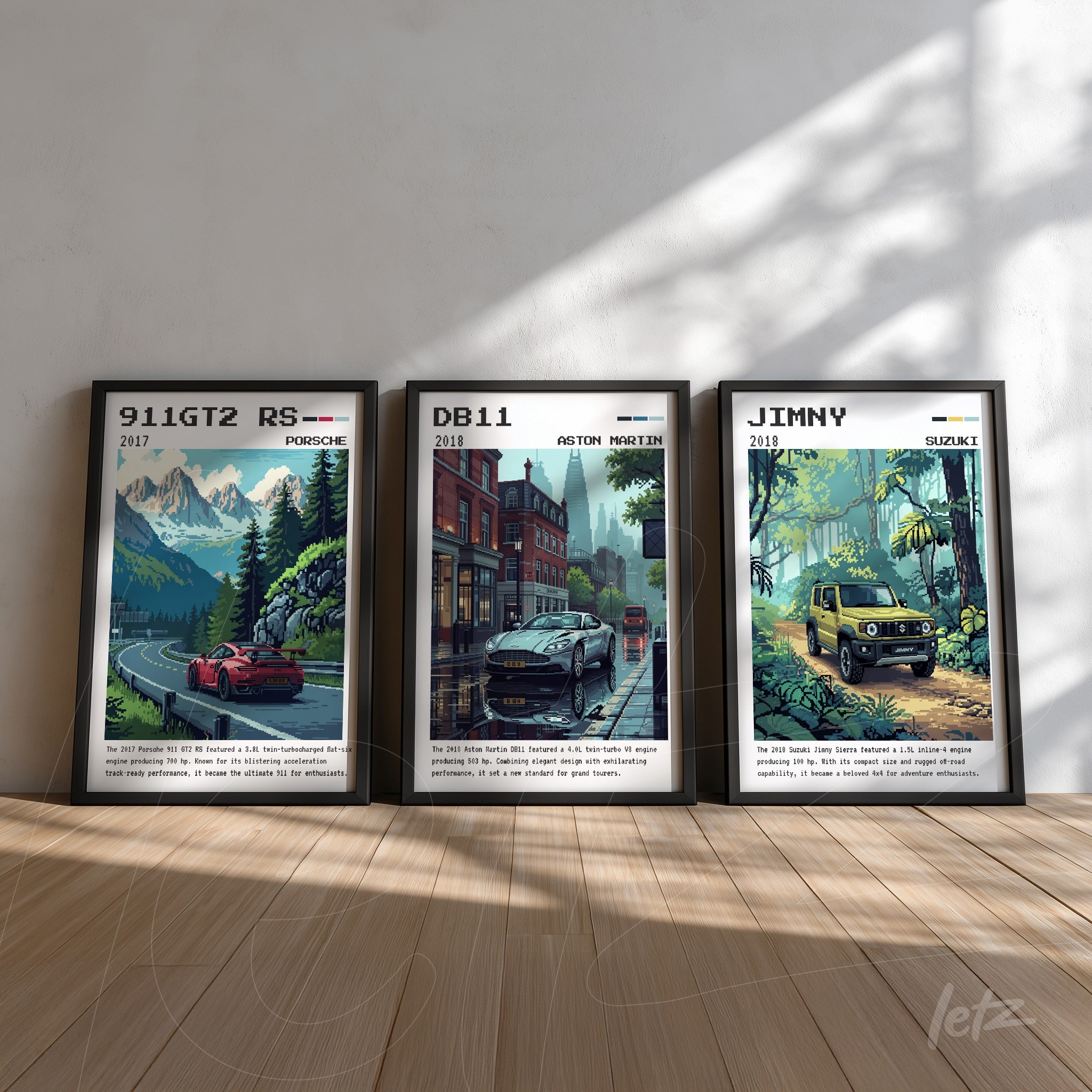 série de quadros com ilustrações de carros clássicos, incluindo um Porsche 911 GT2 RS de 2017, um Aston Martin DB11 de 2018 e um Suzuki Jimny de 2019, em molduras pretas sobre um piso de madeira claro