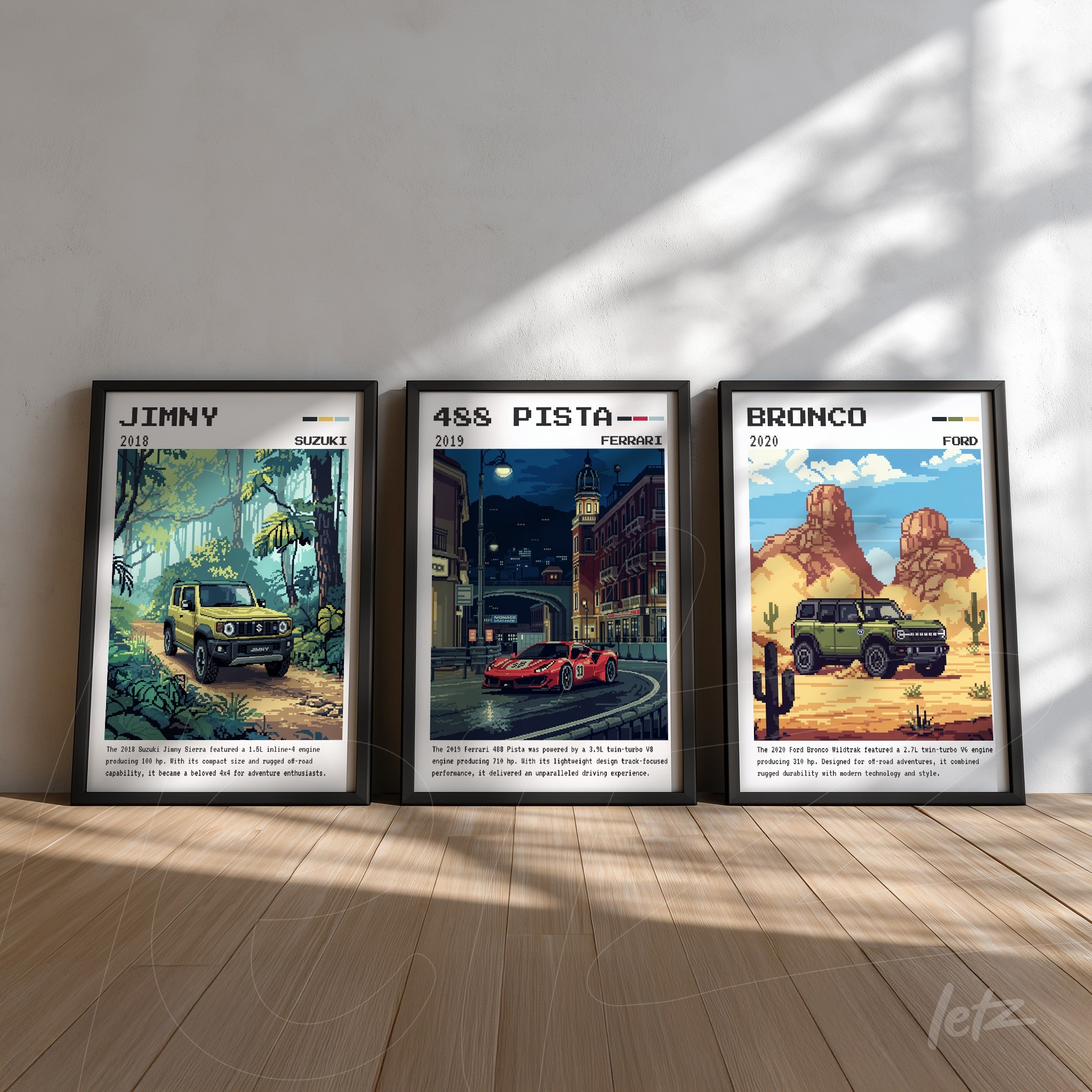 série de quadros decorativos com ilustrações de carros, incluindo o Suzuki Jimny em ambiente natural, Ferrari 488 Pista em cenário urbano e Ford Bronco em paisagem desértica, todos com molduras pretas