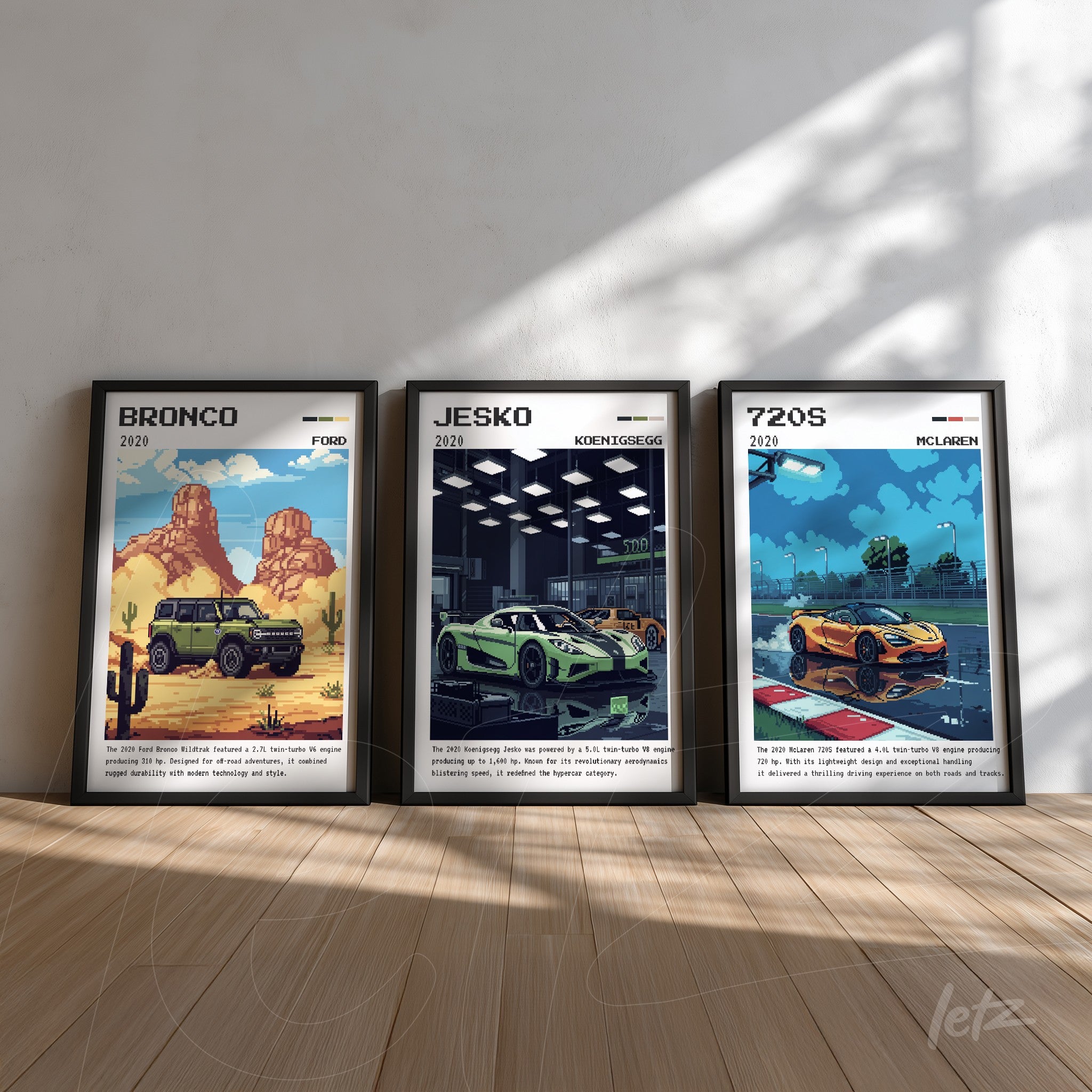 composição de três quadros com ilustrações de carros, incluindo Ford Bronco em ambiente desértico, Koenigsegg Jesko em concessionária moderna e McLaren 720S em pista de corrida, todos com molduras pretas