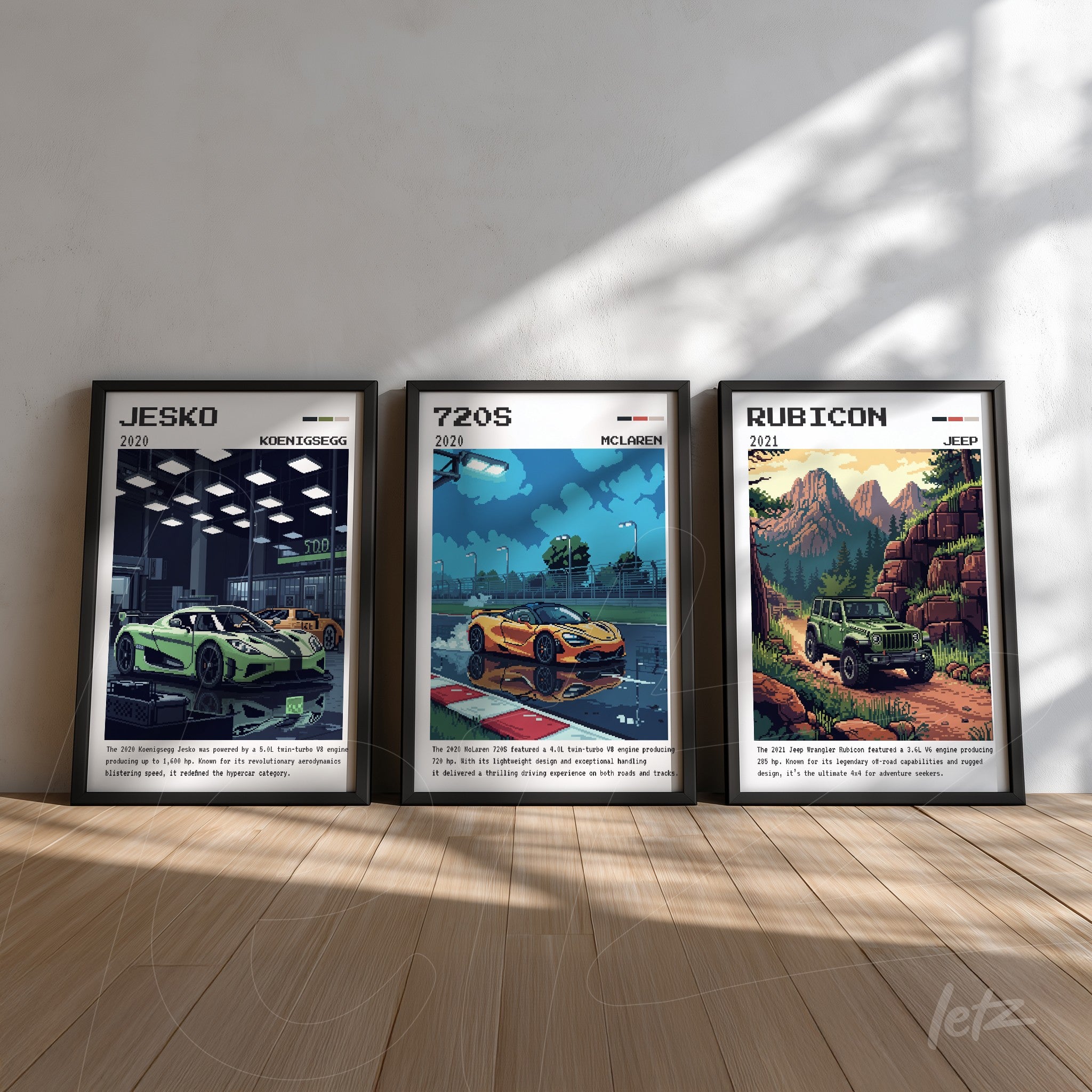 composição de quadros com ilustrações de carros esportivos, incluindo o modelo Jesko em destaque, 720S e Rubicon, todos em molduras pretas sobre parede clara