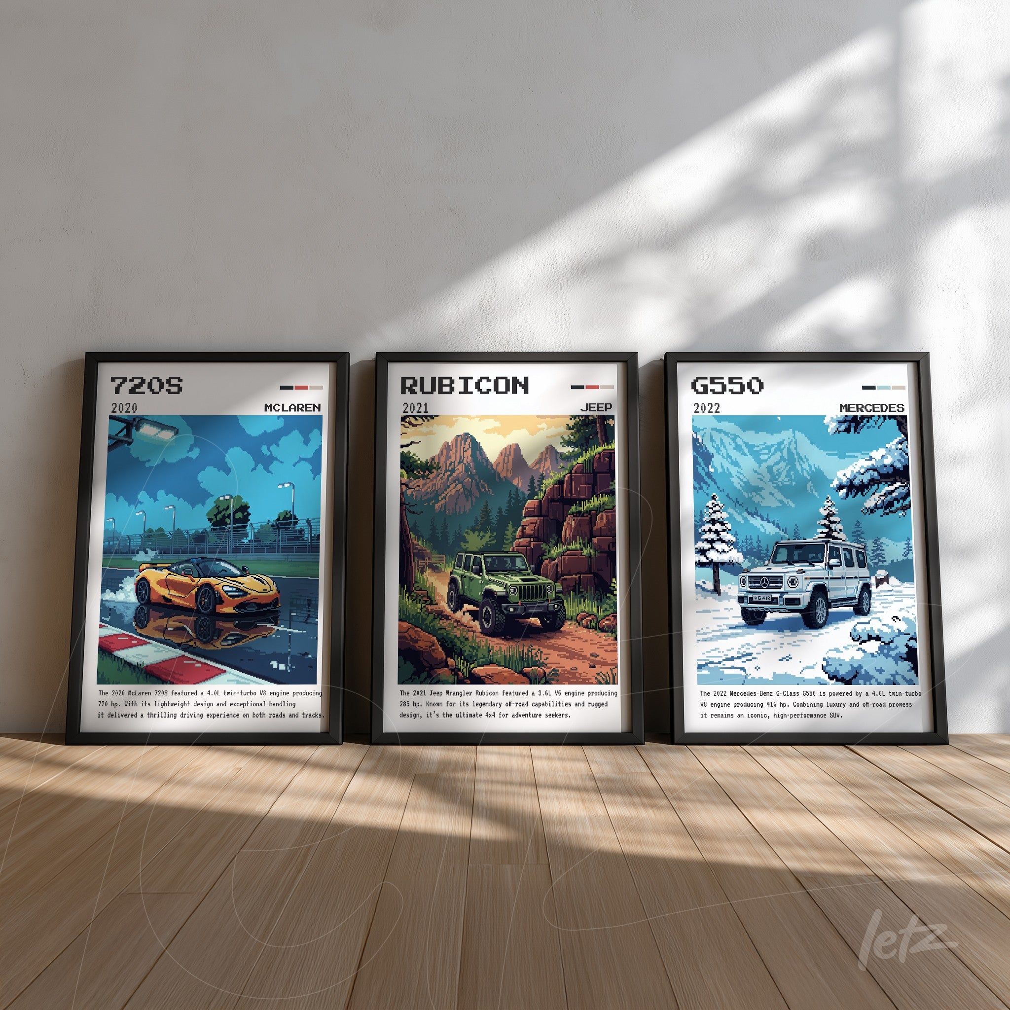composição de quadros com arte de carros, destacando o McLaren 720S, Jeep Rubicon e Mercedes G550, todos em molduras pretas sobre fundo claro