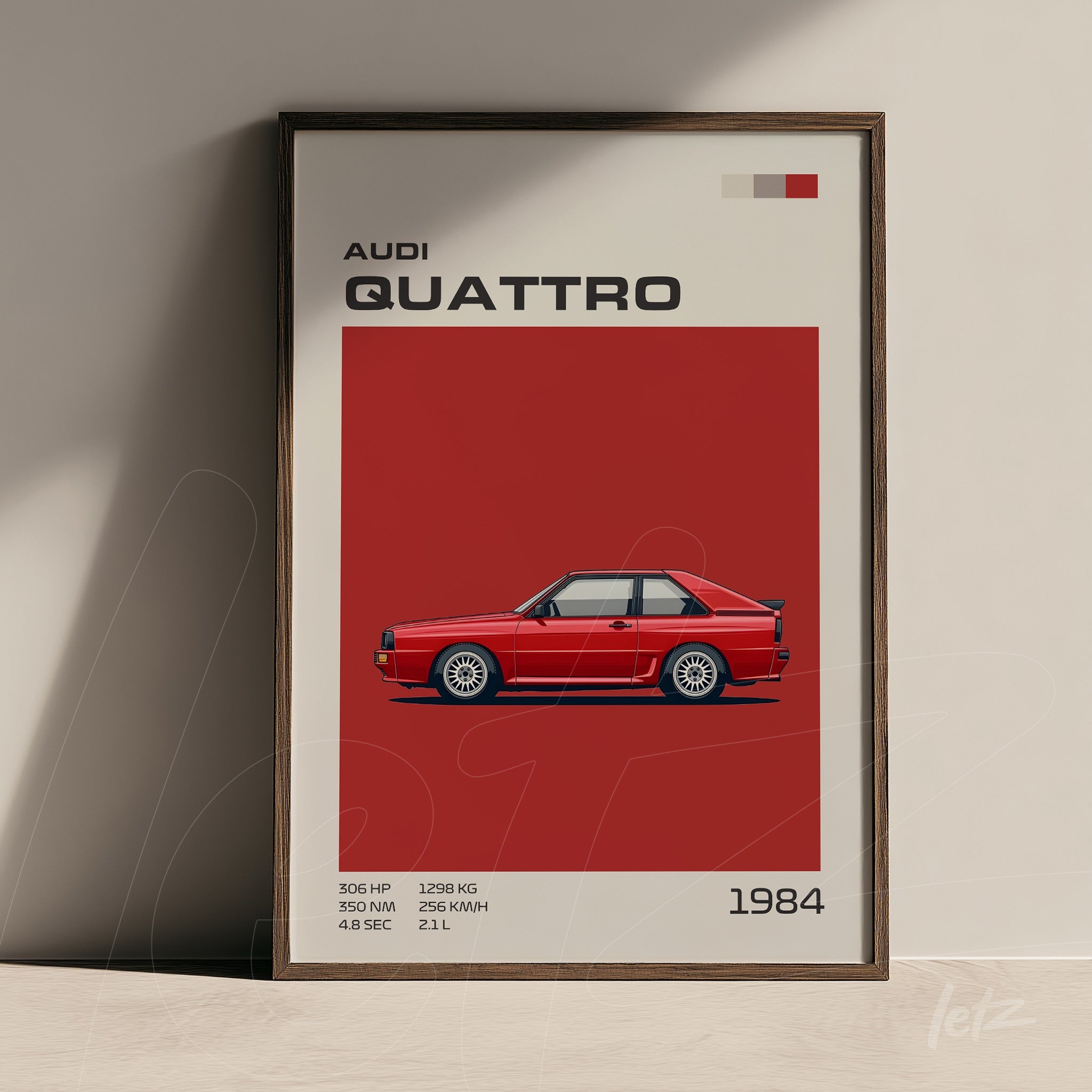 quadro com ilustração do carro Audi Quattro de 1984 em fundo vermelho com texto informativo