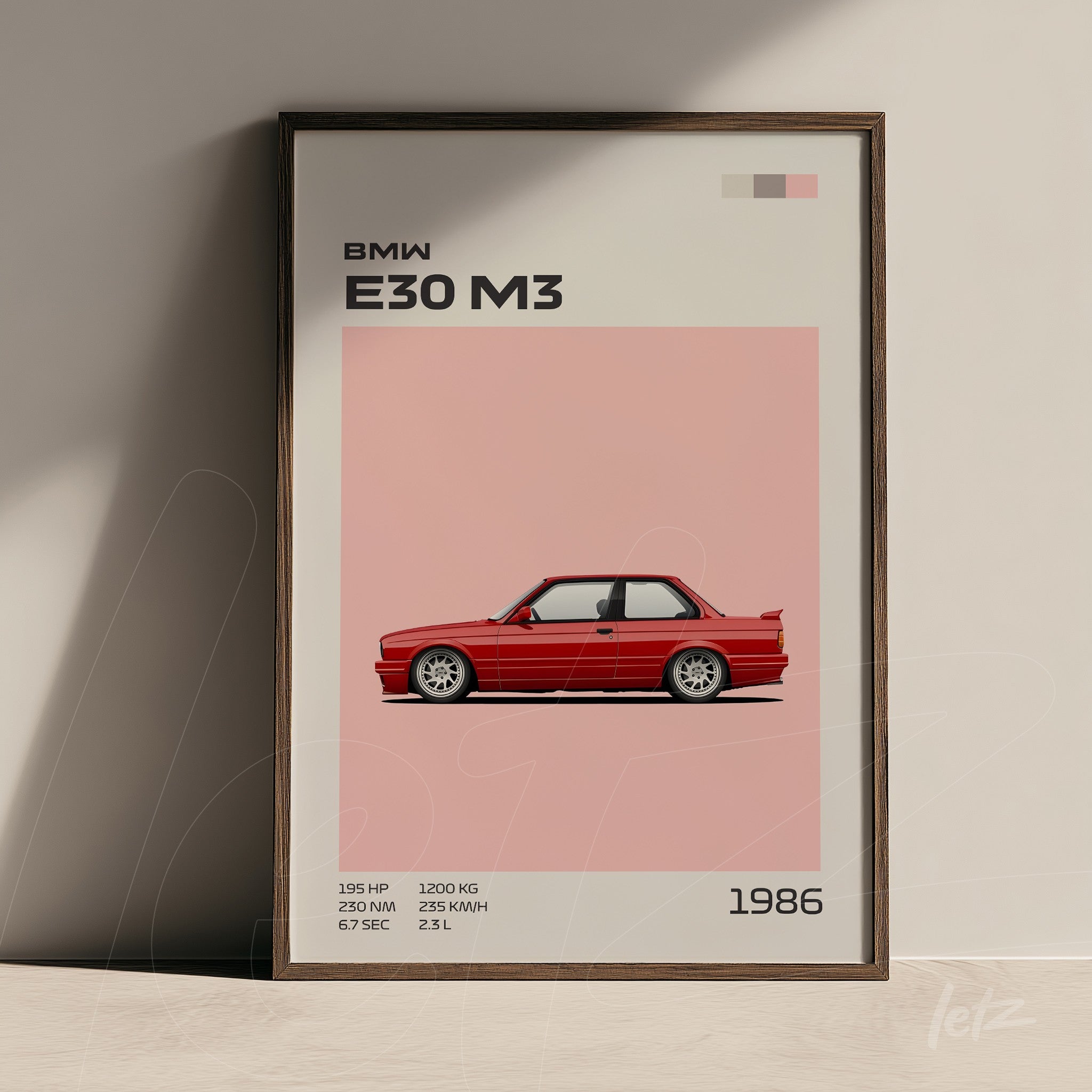 quadro em moldura de madeira com ilustração do carro esportivo BMW E30 M3 em fundo rosa