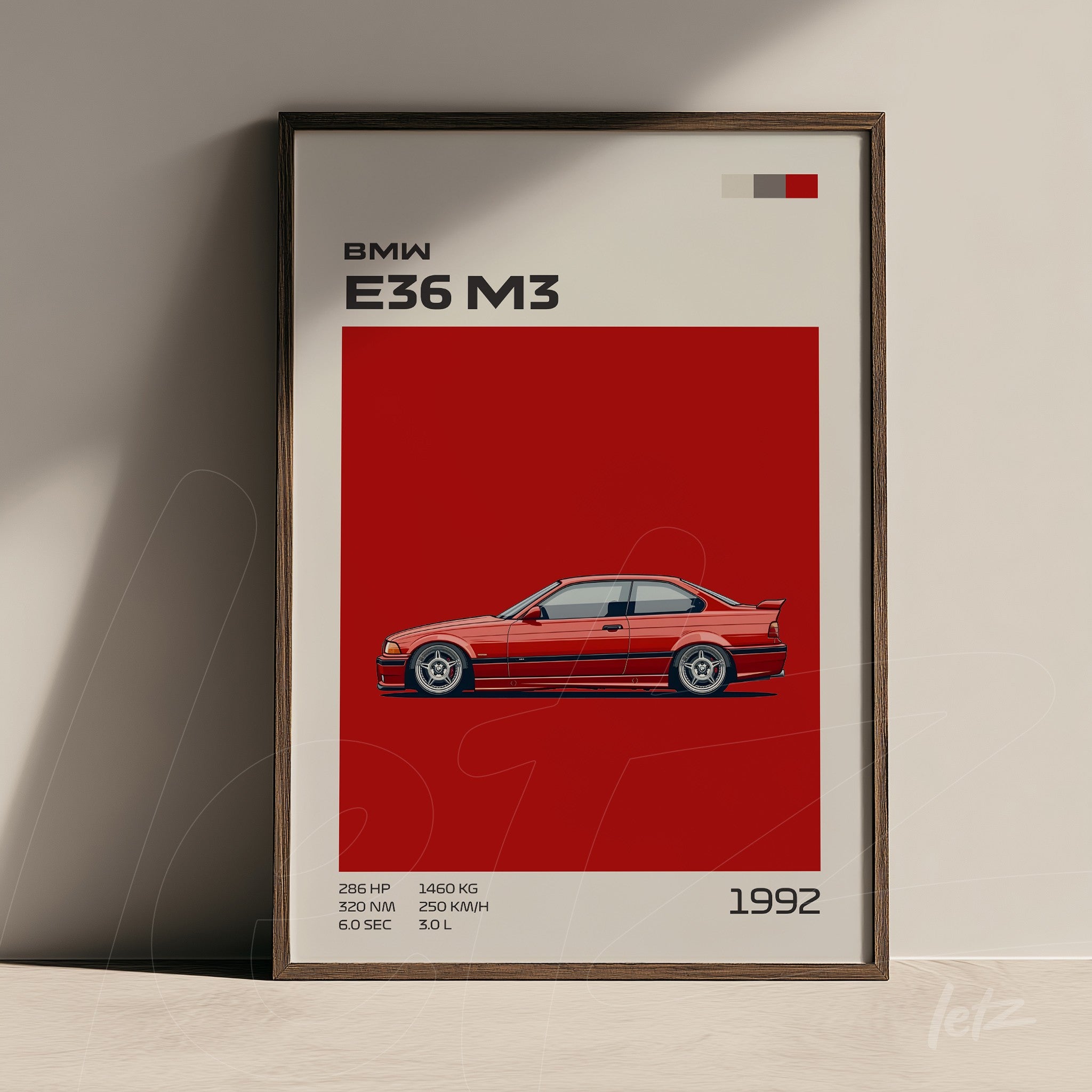 quadro com arte digital do carro BMW E36 M3 em moldura de madeira escura com fundo vermelho