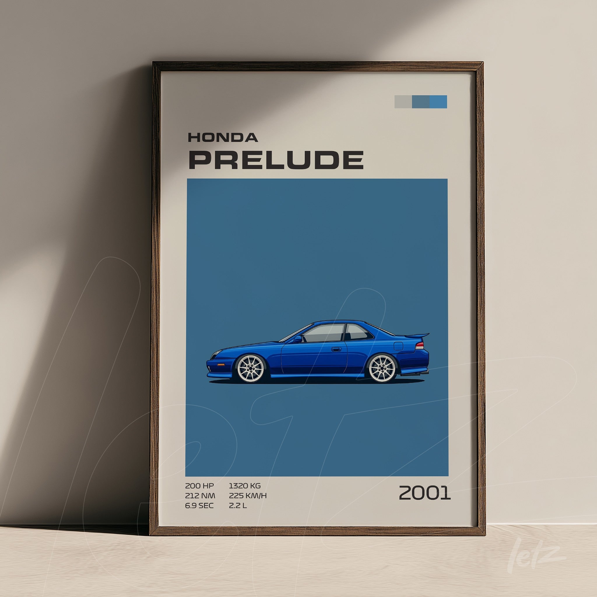 quadro em moldura escura com arte do carro Honda Prelude de 2001 em fundo azul, destacando informações técnicas do veículo