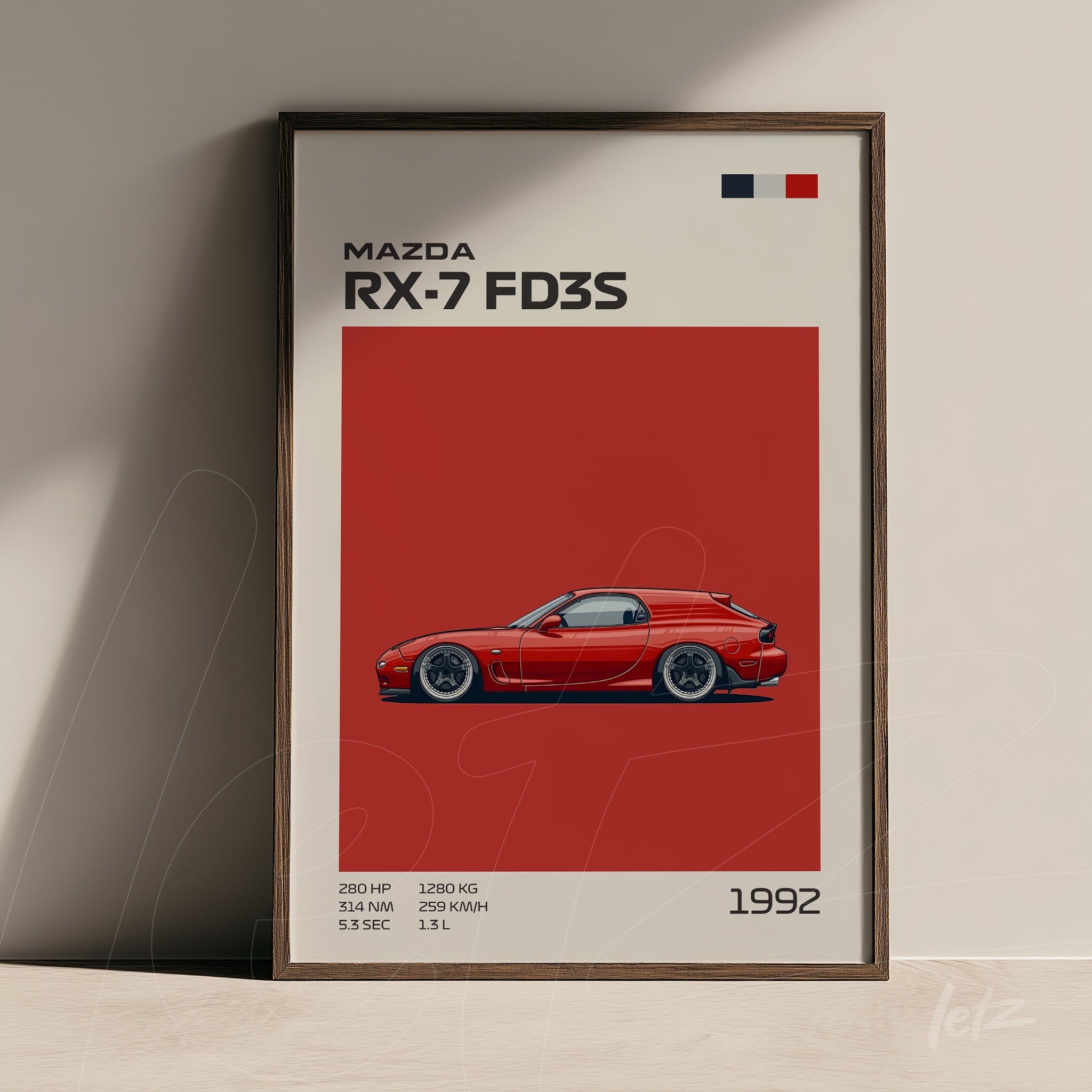 quadro com ilustração minimalista do carro Mazda RX-7 FD3S em fundo vermelho com moldura marrom