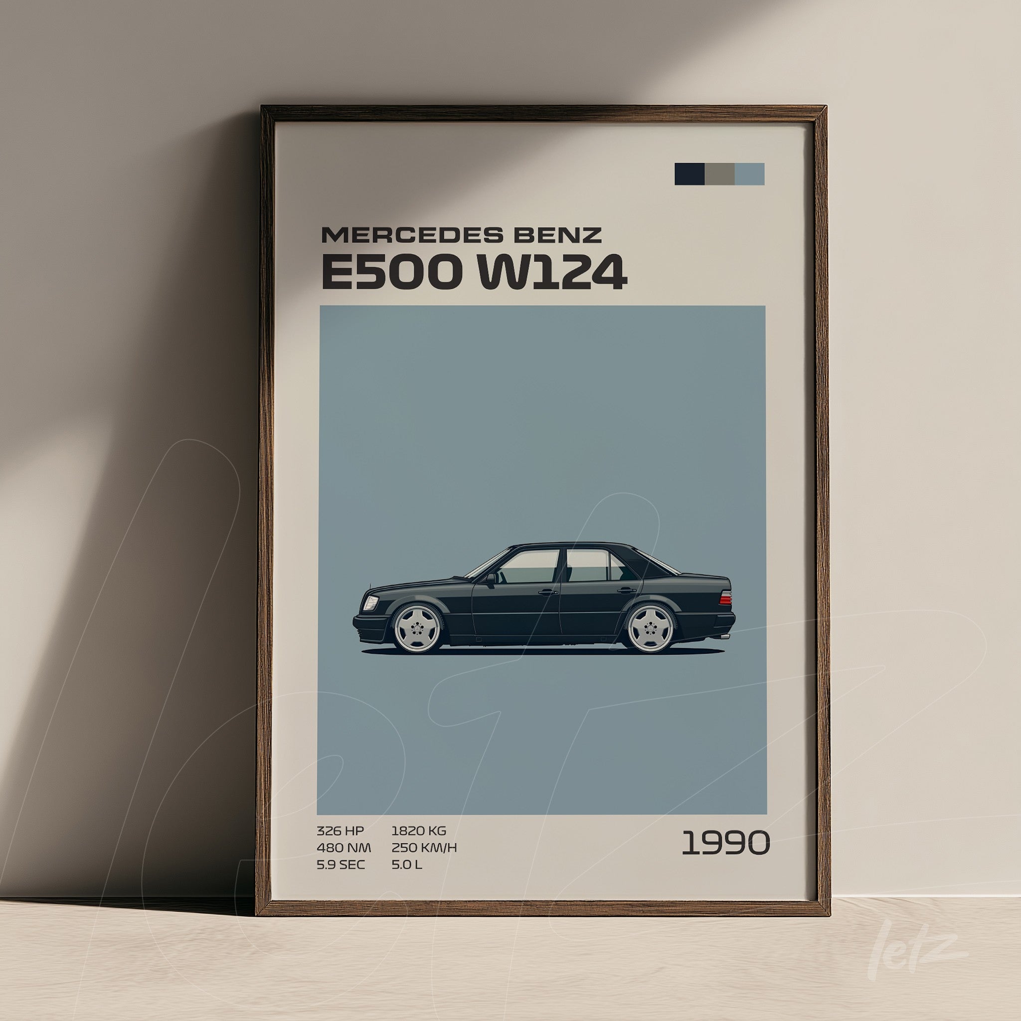 quadro com ilustração minimalista do carro Mercedes Benz E500 W124 em moldura de madeira escura