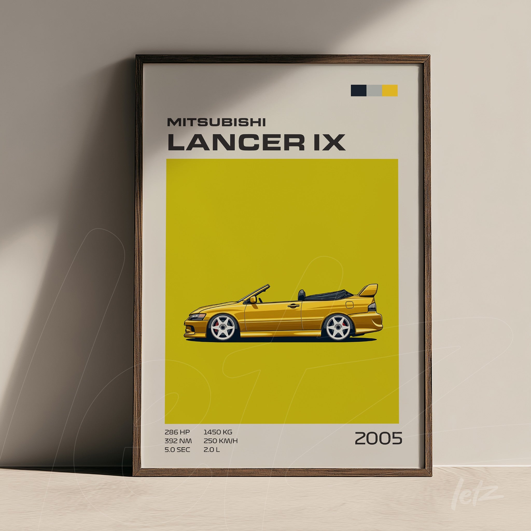 quadro com ilustração estilizada do Mitsubishi Lancer IX em fundo amarelo vibrante e moldura marrom