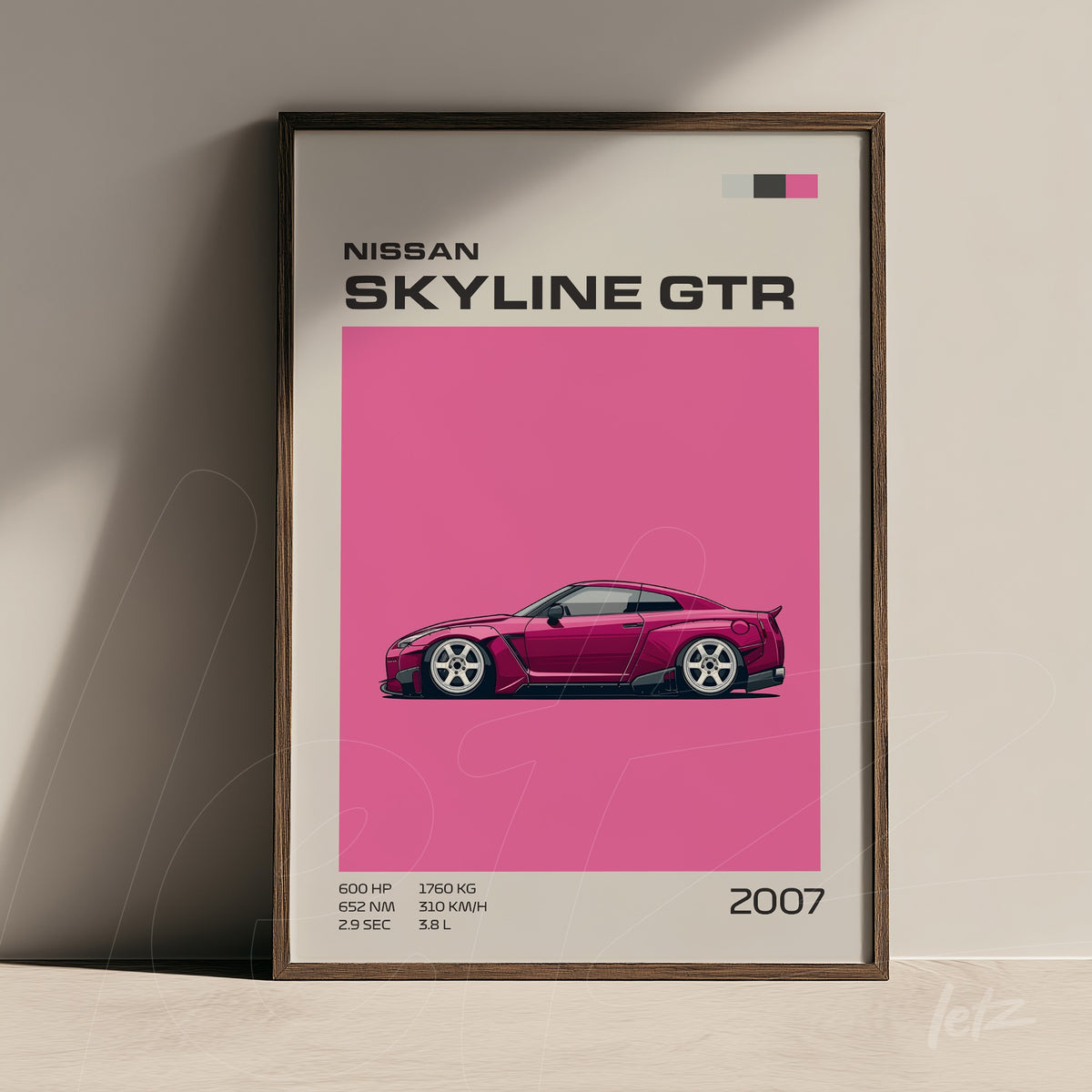 quadro com ilustração do carro Nissan Skyline GTR em fundo rosa com moldura fina