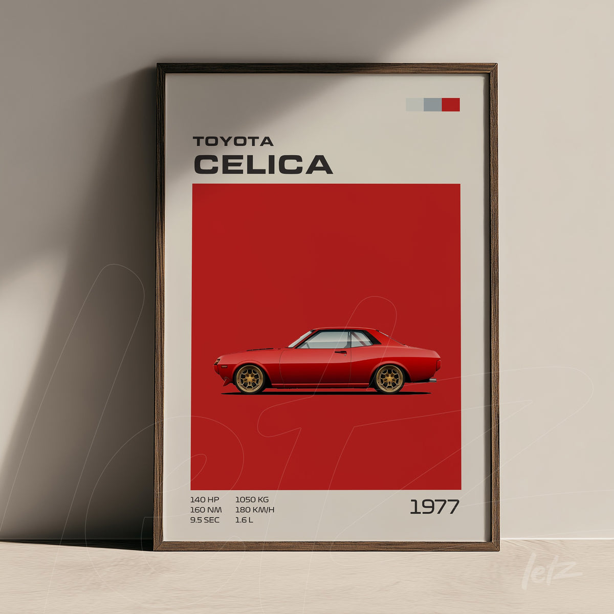 quadro com ilustração do carro Toyota Celica 1977 em fundo vermelho vibrante, com contornos minimalistas e moldura de madeira clara